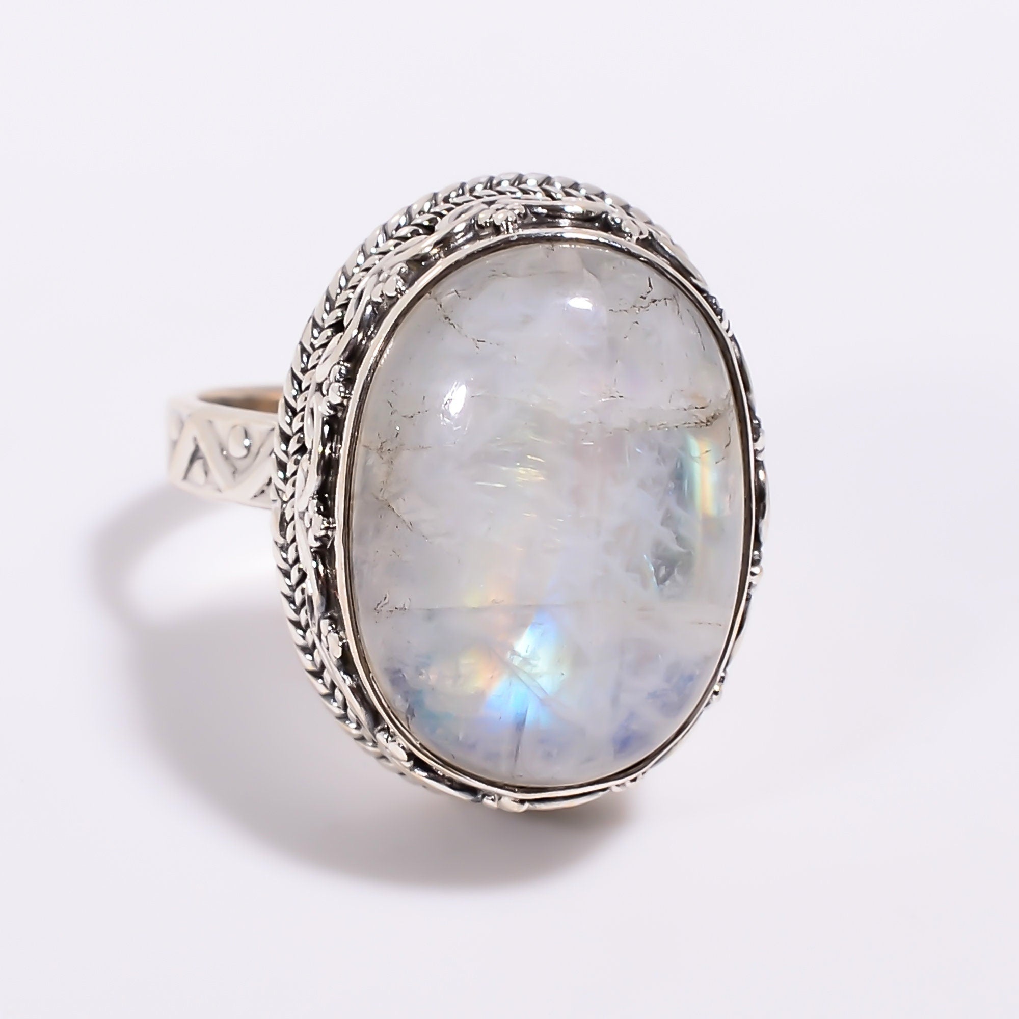 Rainbow Moonstone Ring: Oval Sterling Silver Boho Jewelry