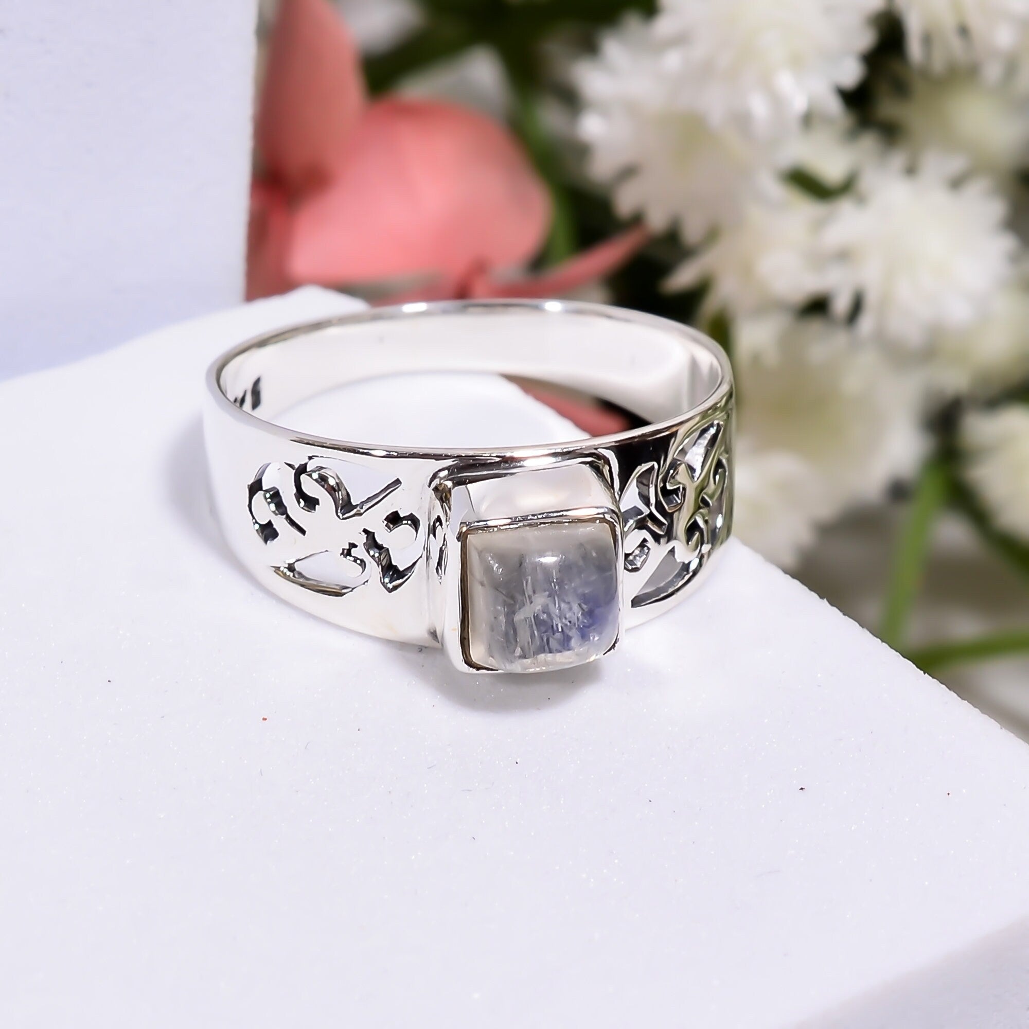 Natural Blue Fire Moonstone Ring: 925 Sterling Silver Boho Jewelry