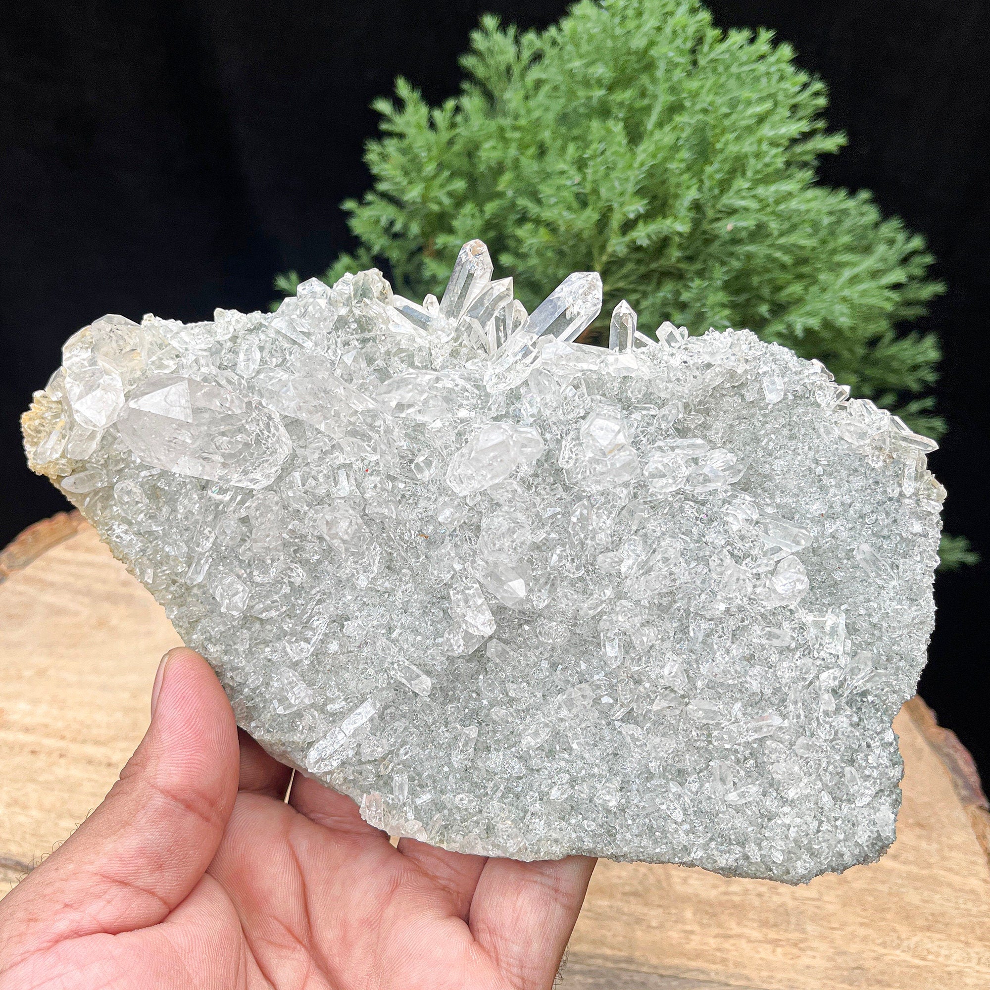 Green Chlorite Quartz Crystal Cluster: Healing Reiki Stone 560gm