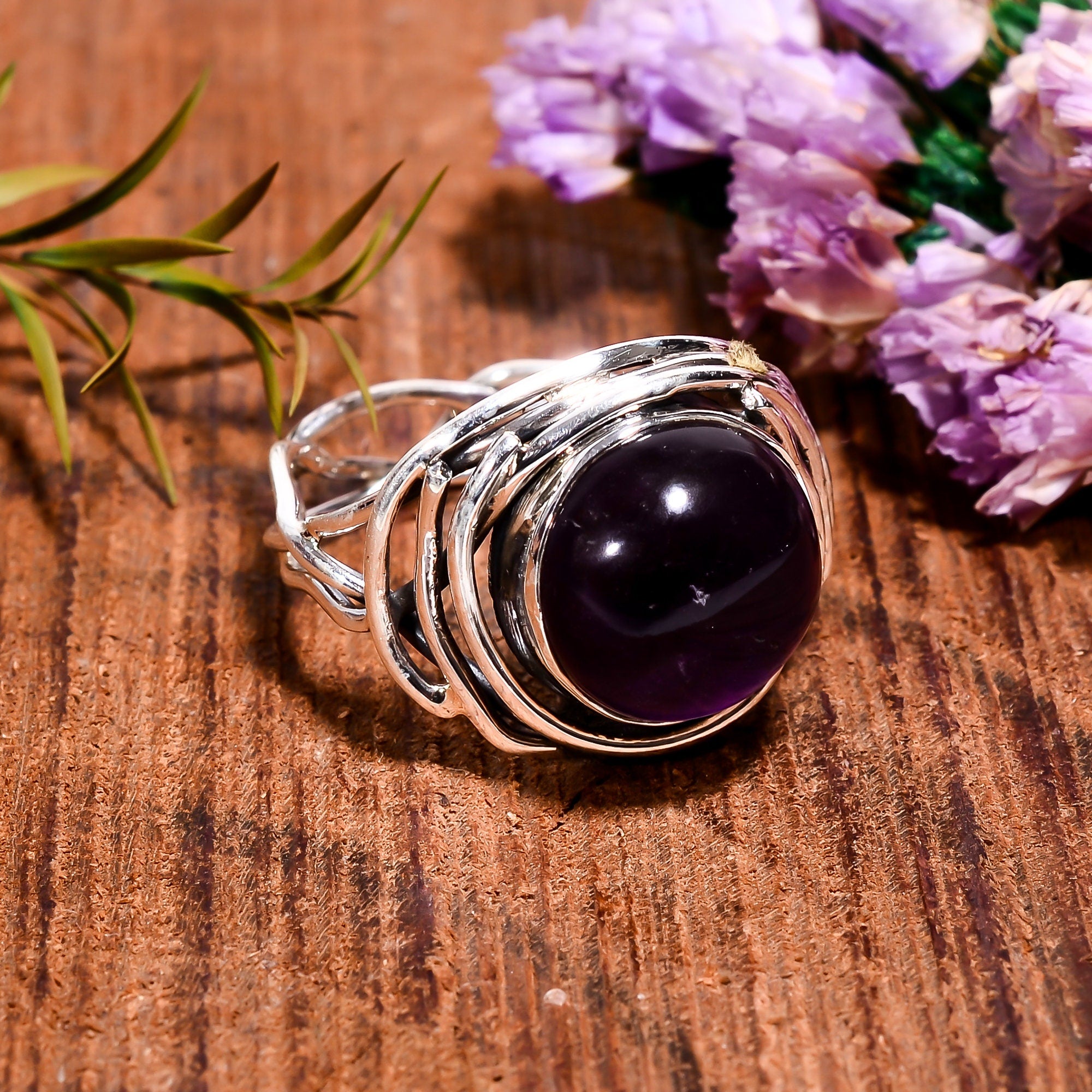 Handmade Sterling Silver Amethyst Ring: Wire Wrapped February Birthstone