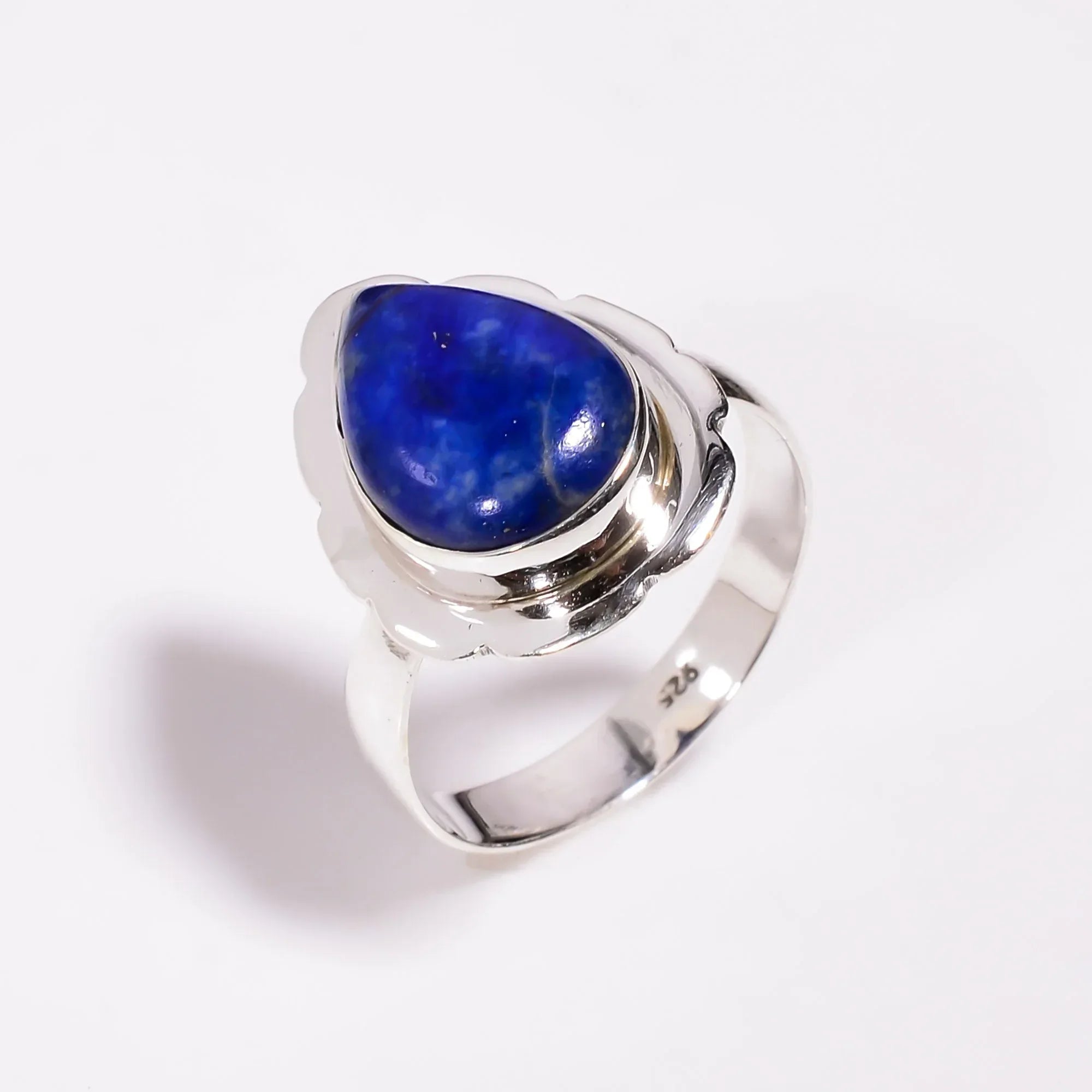 Handmade Lapis Lazuli Sterling Silver Ring: Pear Cabochon, Bohemian Jewelry