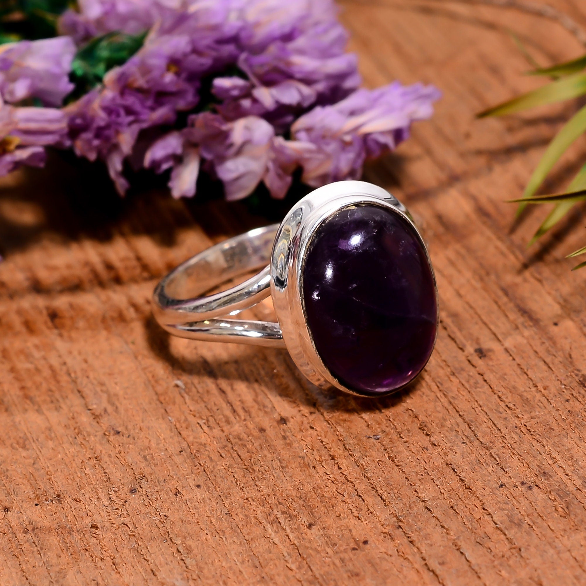 Natural Amethyst Ring: Oval Cabochon, 925 Sterling Silver, February Birthstone
