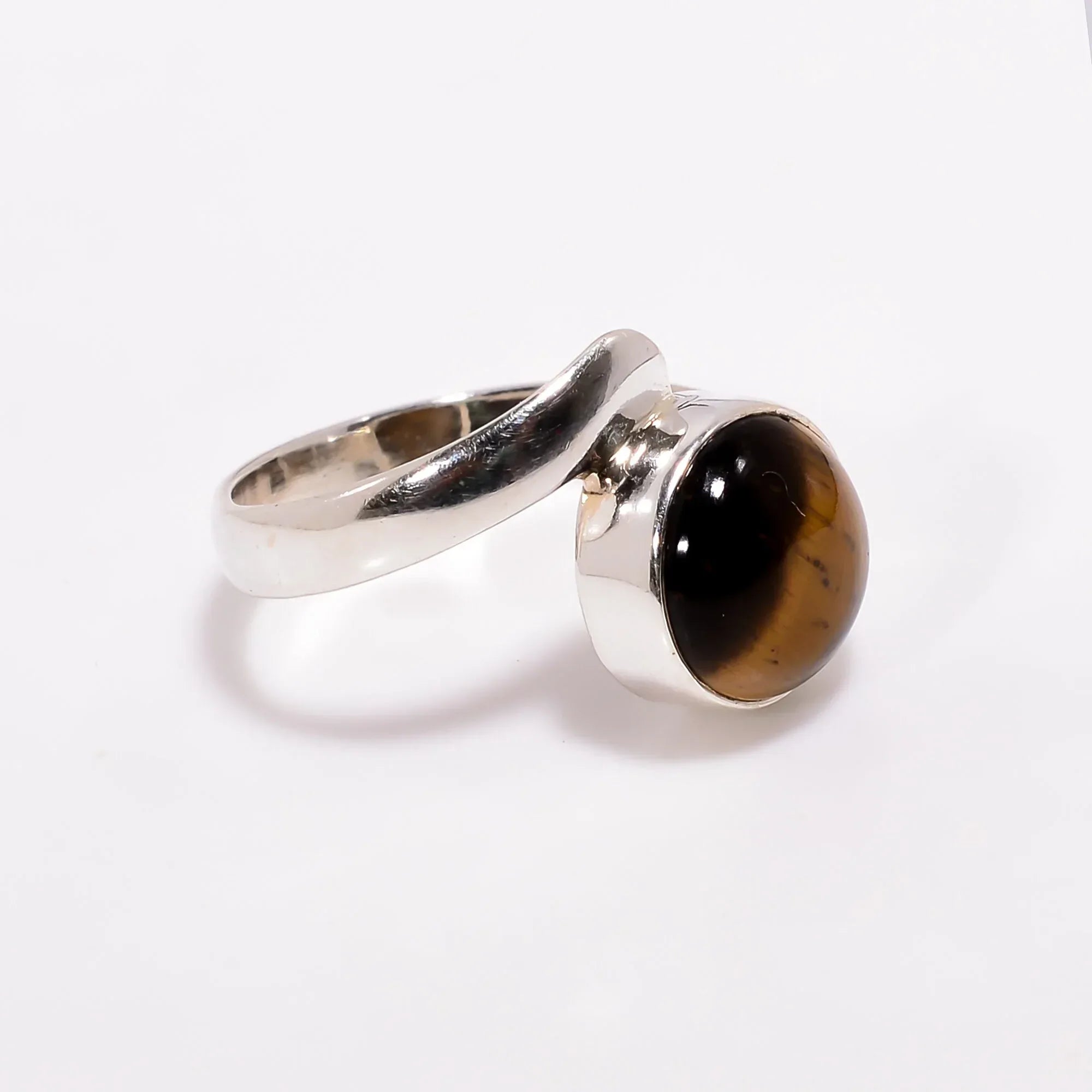 Tiger's Eye Gemstone Ring: 925 Sterling Silver, Round Cabochon