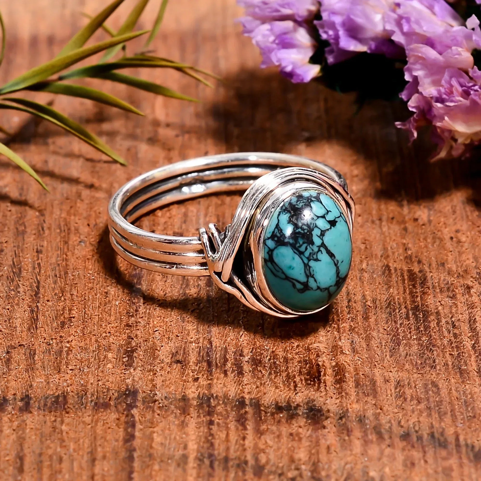 Cabochon Turquoise 925 Sterling Silver Ring: Boho Oval Stone