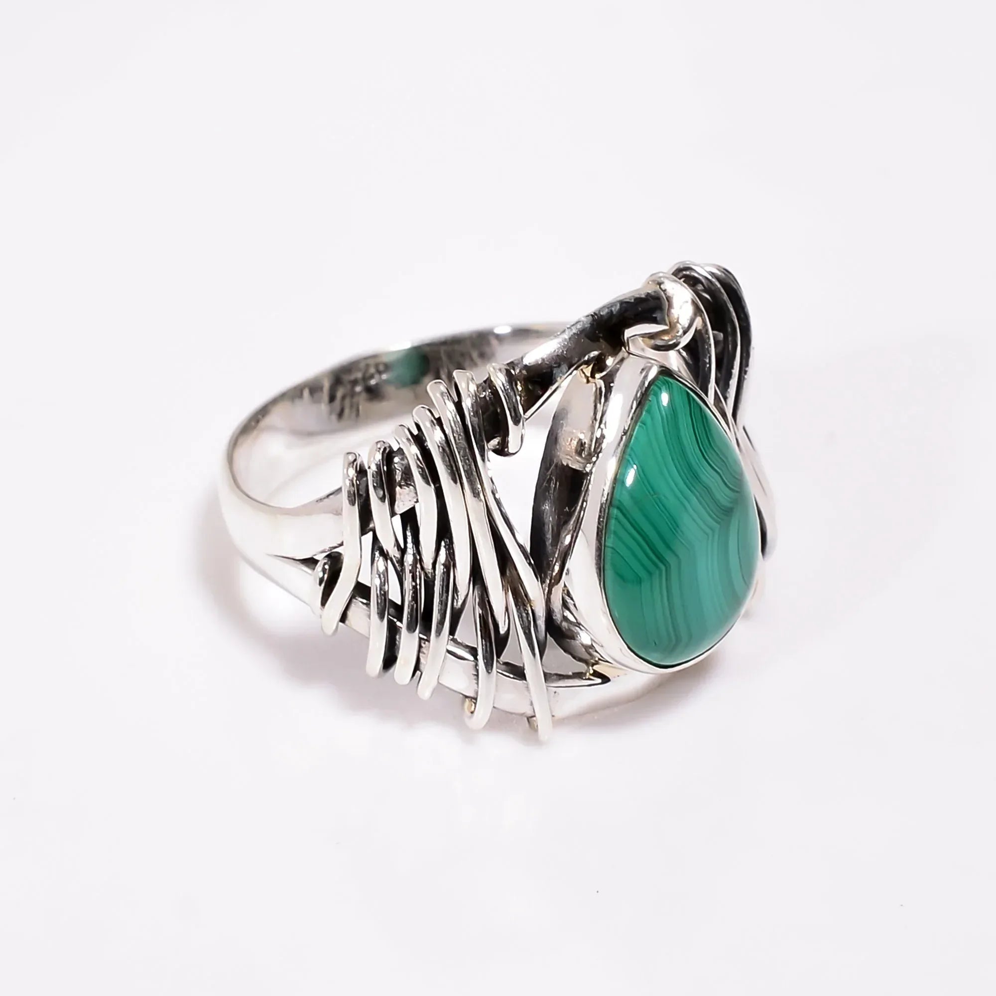 Malachite Pear Cabochon Ring: 925 Sterling Silver Boho Jewelry