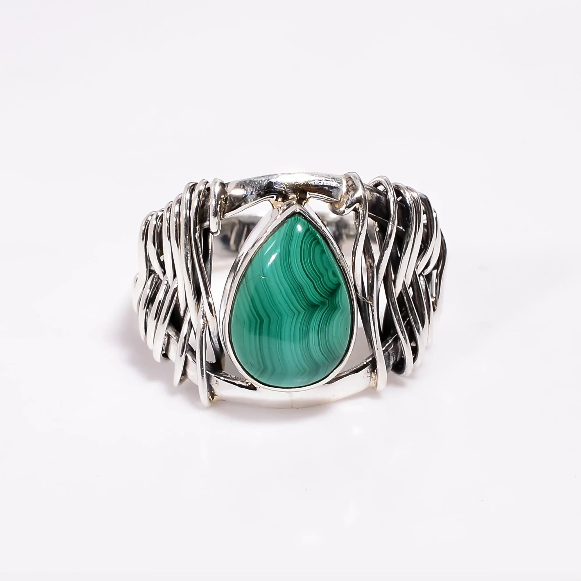 Malachite Pear Cabochon Ring: 925 Sterling Silver Boho Jewelry