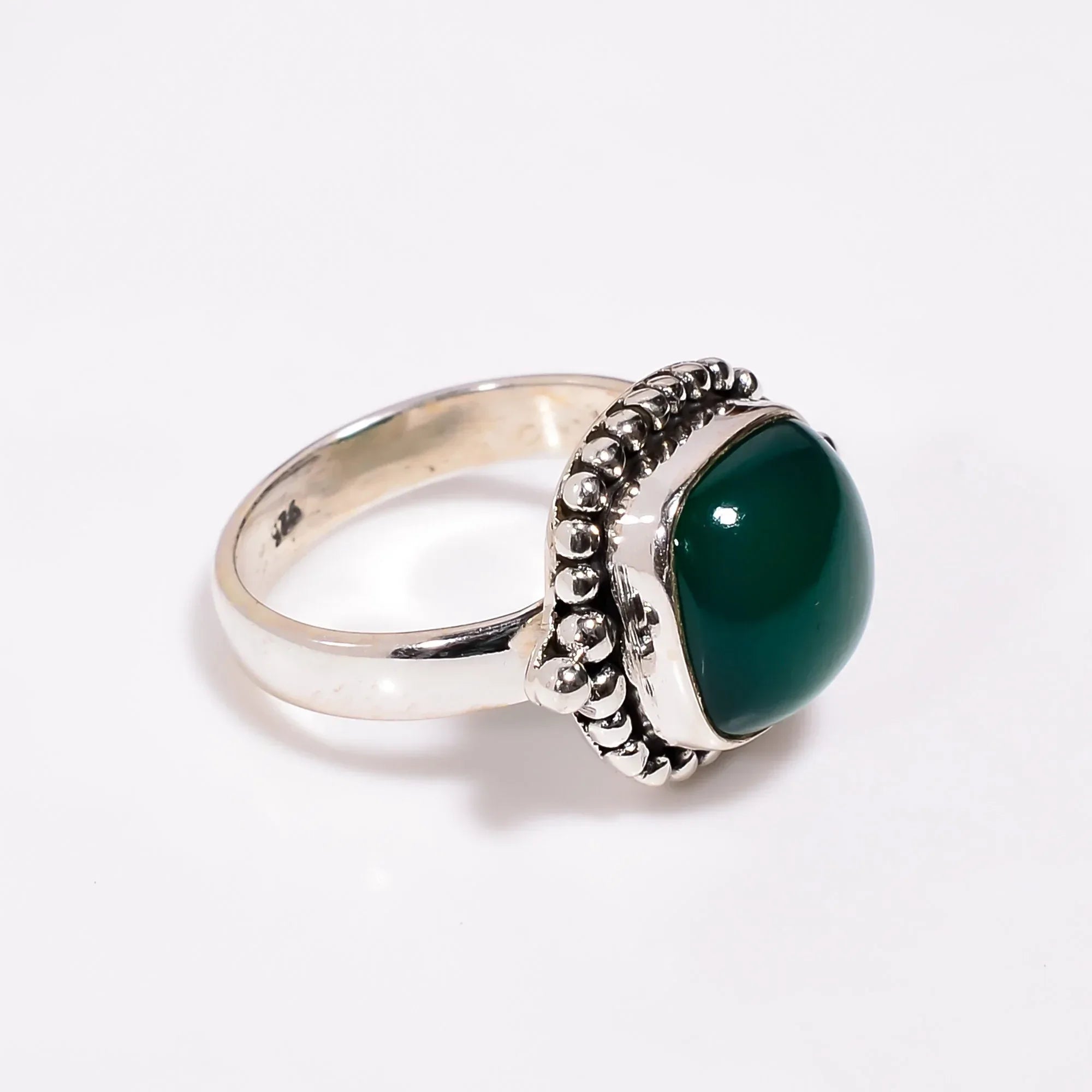 Green Onyx Ring: 925 Sterling Silver, Cushion Gemstone, Bohemian Jewelry