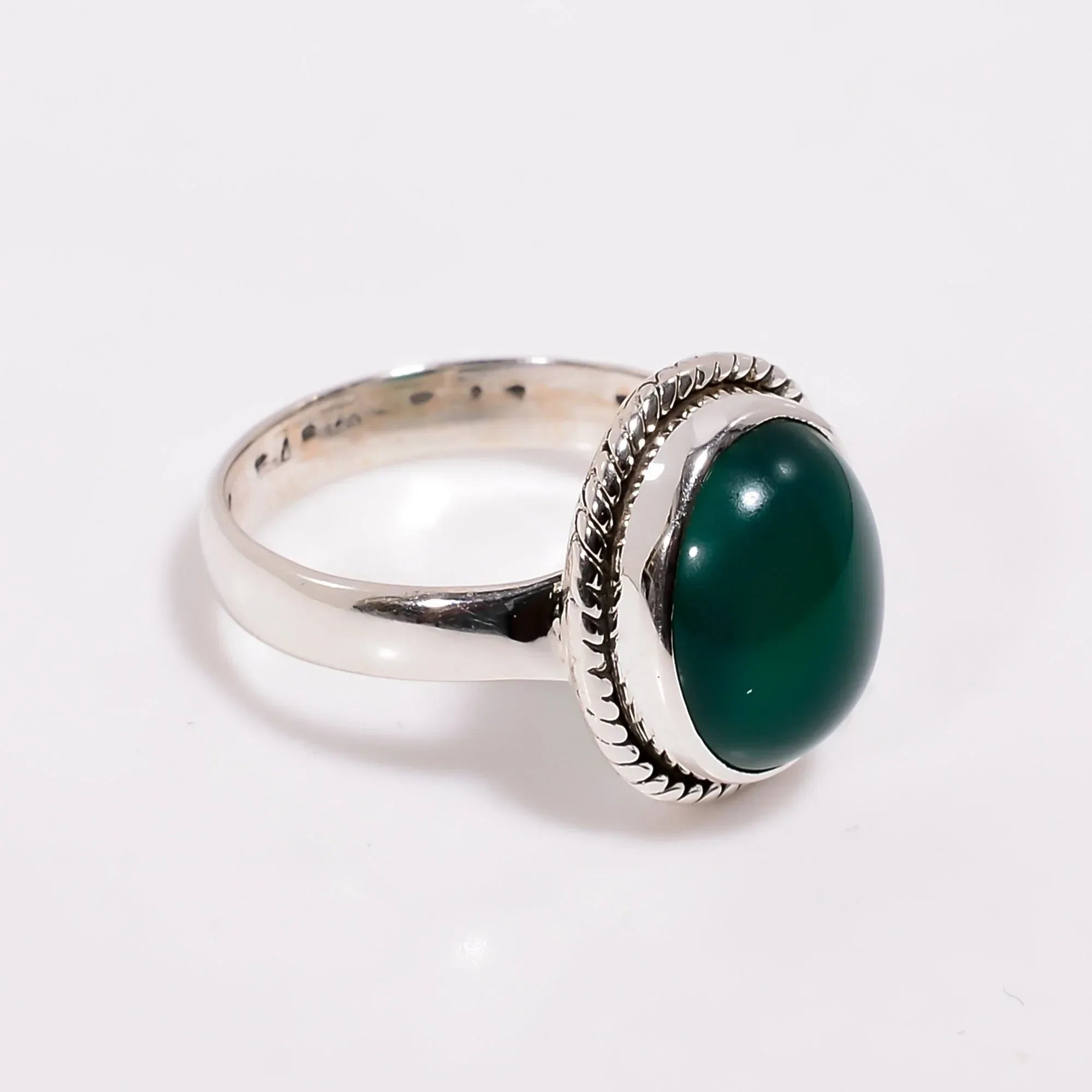 Handmade Green Onyx Ring: Oval Cabochon, 925 Sterling Silver