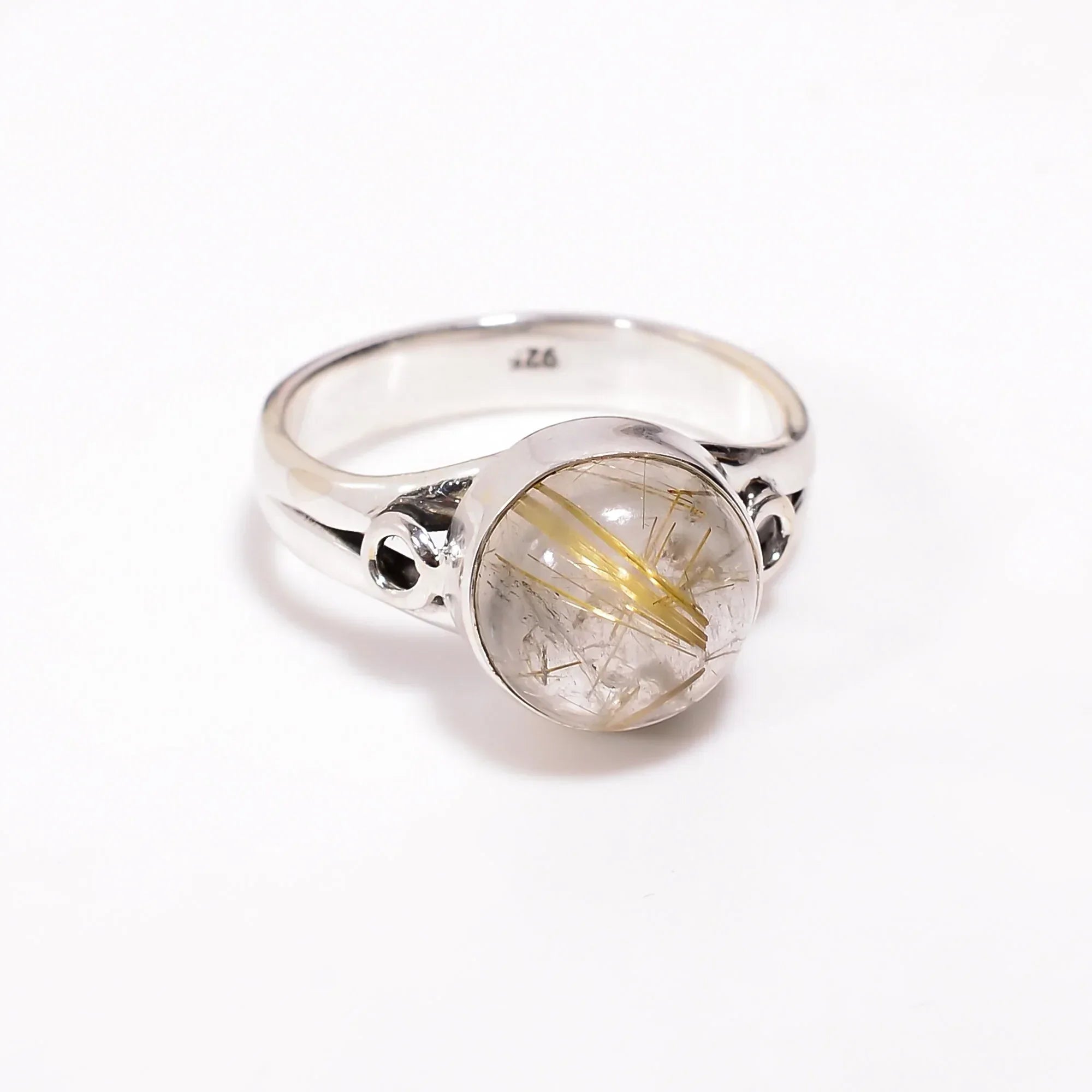 Golden Rutile Cabochon Ring: 925 Sterling Silver Handmade Band