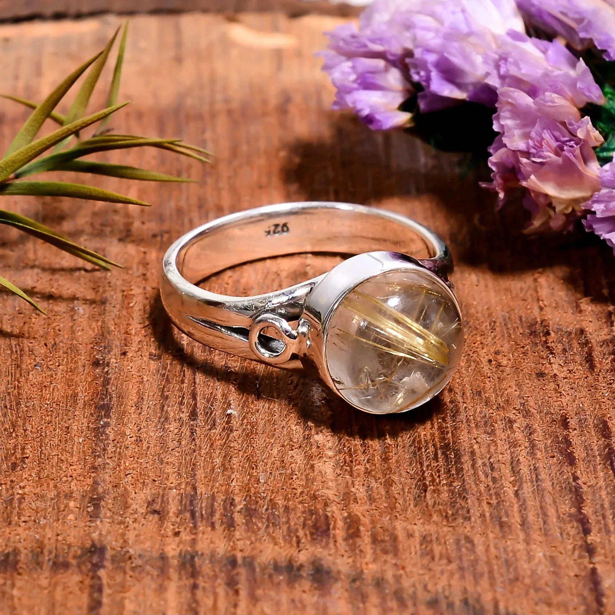 Golden Rutile Cabochon Ring: 925 Sterling Silver Handmade Band