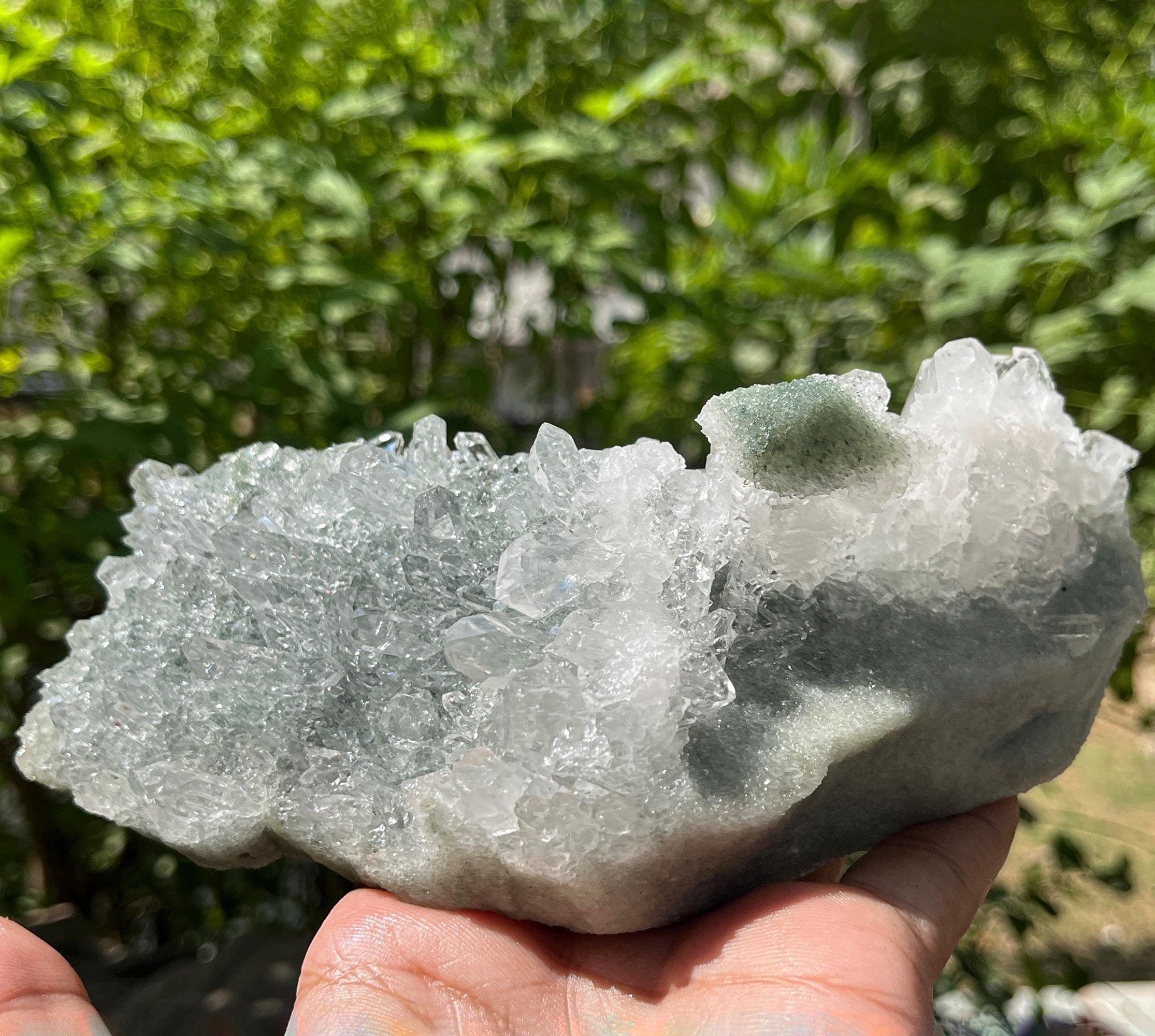 Natural Green Chlorite Quartz Cluster Rough Himalayan Quartz Crystal Specimen from India, Unique Mineral Structure Cluster