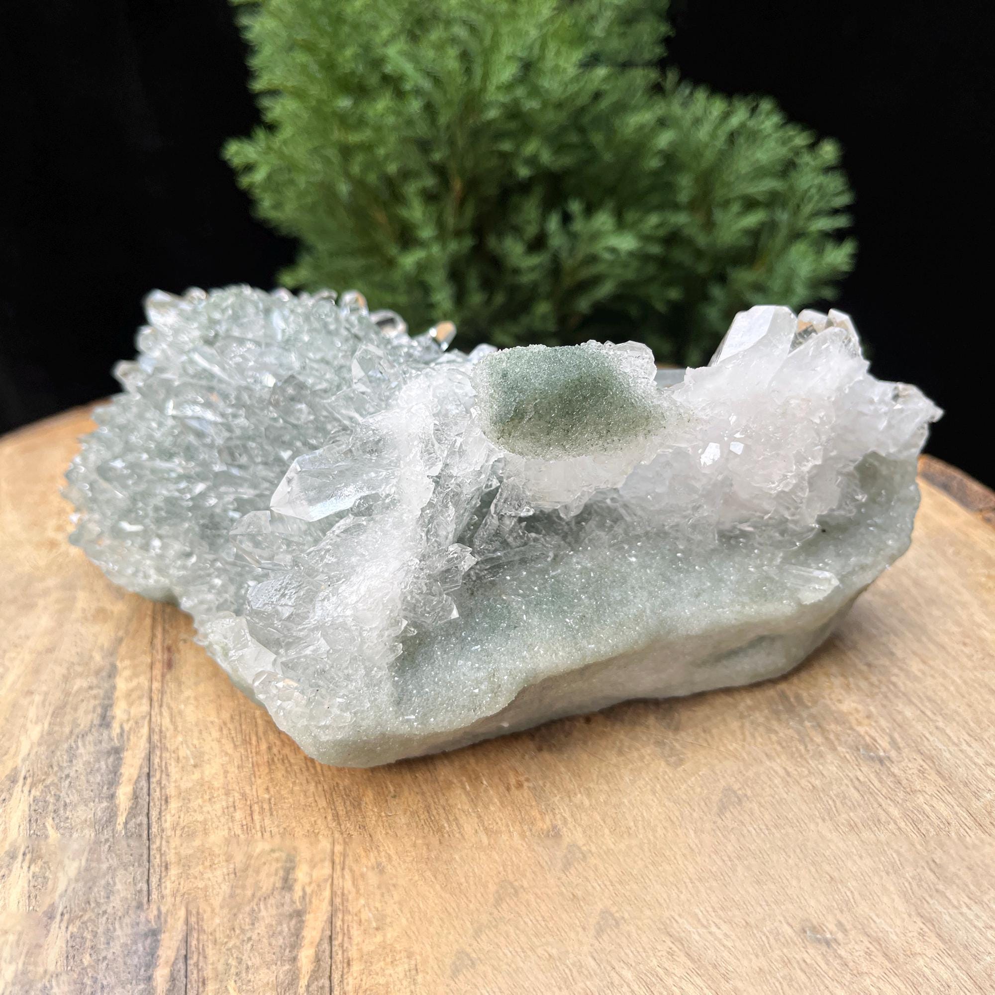 Natural Green Chlorite Quartz Cluster Rough Himalayan Quartz Crystal Specimen from India, Unique Mineral Structure Cluster