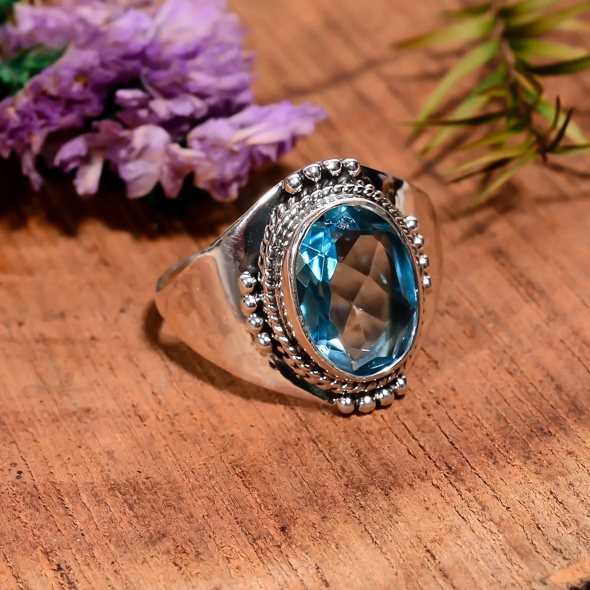 Blue Topaz 925 Sterling Silver Ring - Boho Faceted Gemstone Jewelry