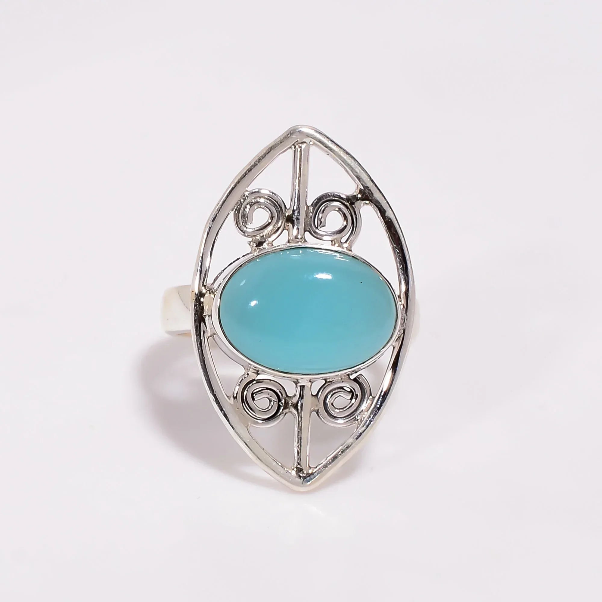 Chalcedony Statement Ring: Oval Sky Blue Gem, Sterling Silver