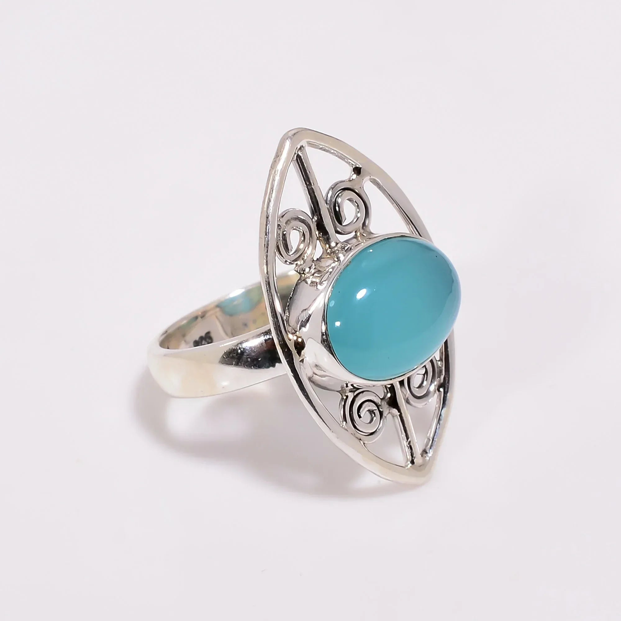 Chalcedony Statement Ring: Oval Sky Blue Gem, Sterling Silver
