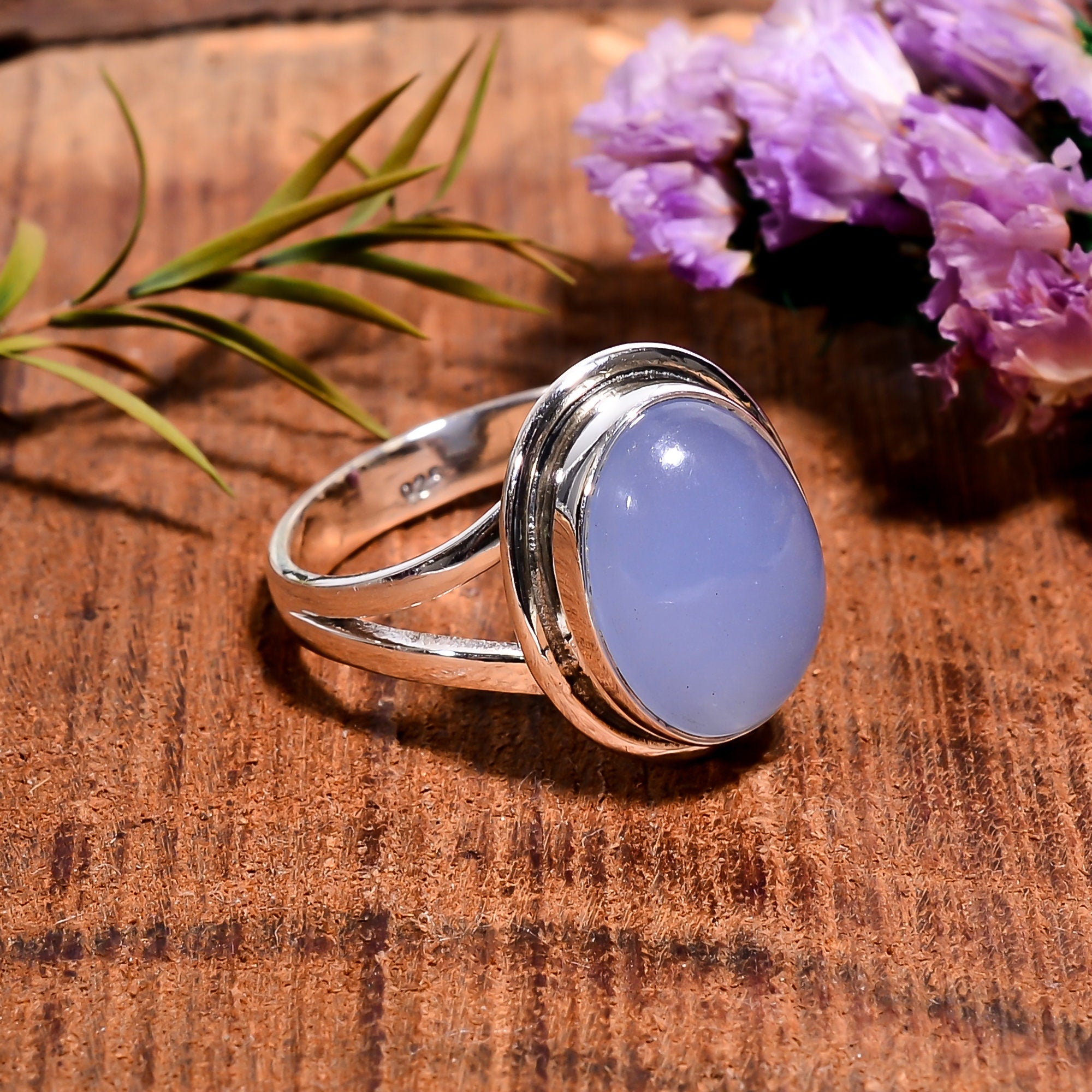 Oval Blue Chalcedony Ring: 925 Sterling Silver Gemstone