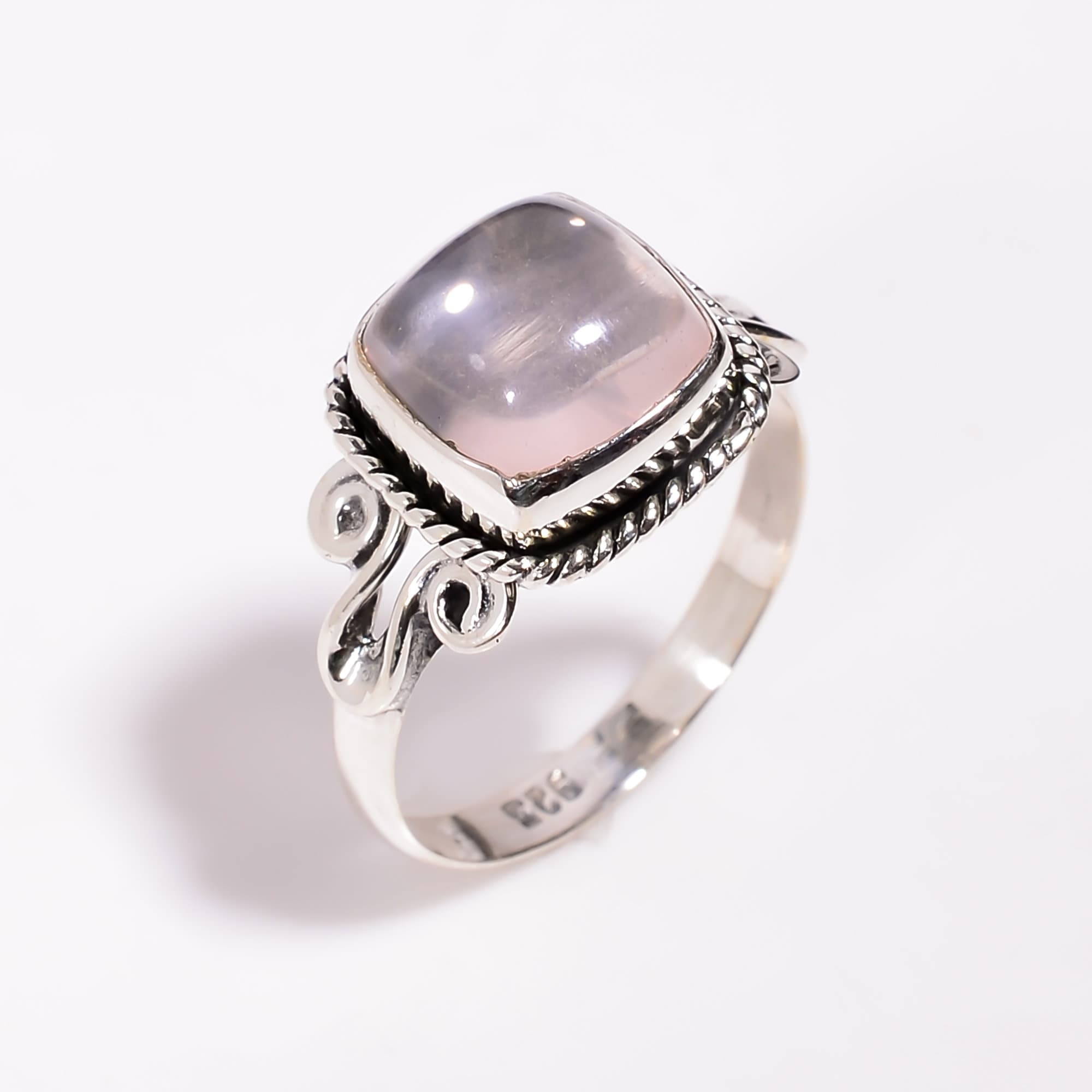 Rose Quartz Ring: 925 Sterling Silver, Cushion Cabochon Stone