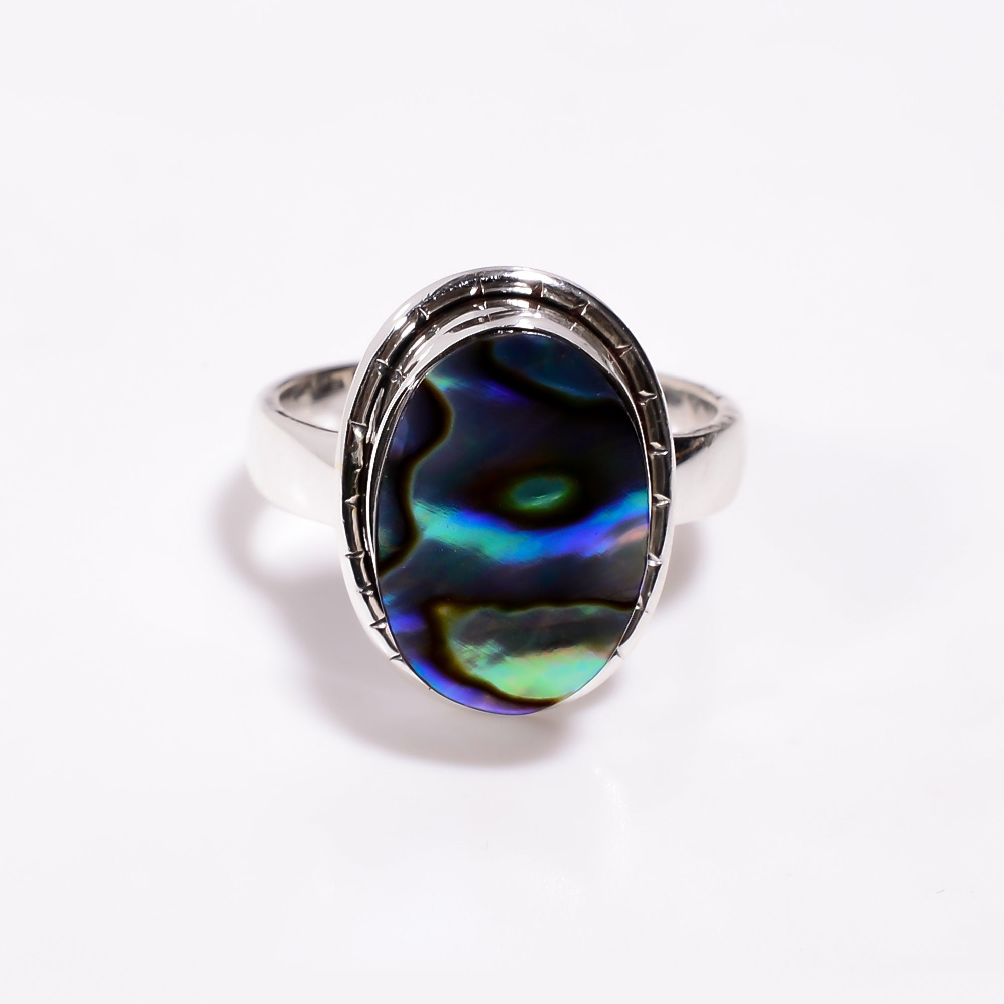 Sterling Silver Oval Abalone Shell Ring: Blue Gemstone Band