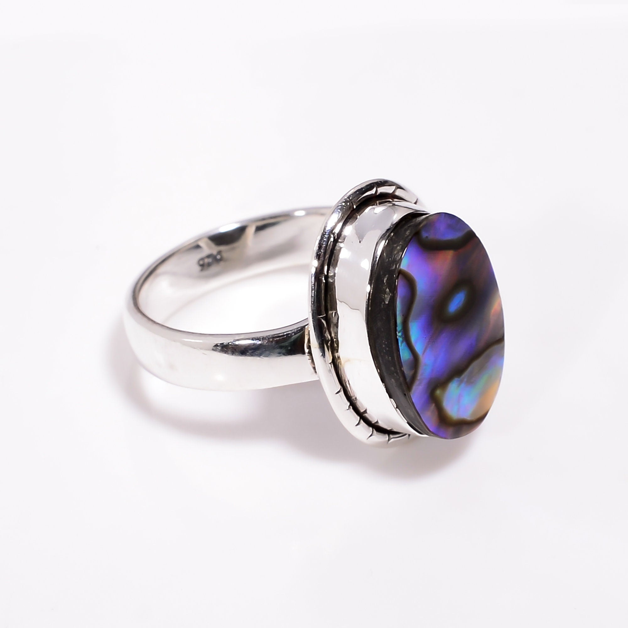 Sterling Silver Oval Abalone Shell Ring: Blue Gemstone Band