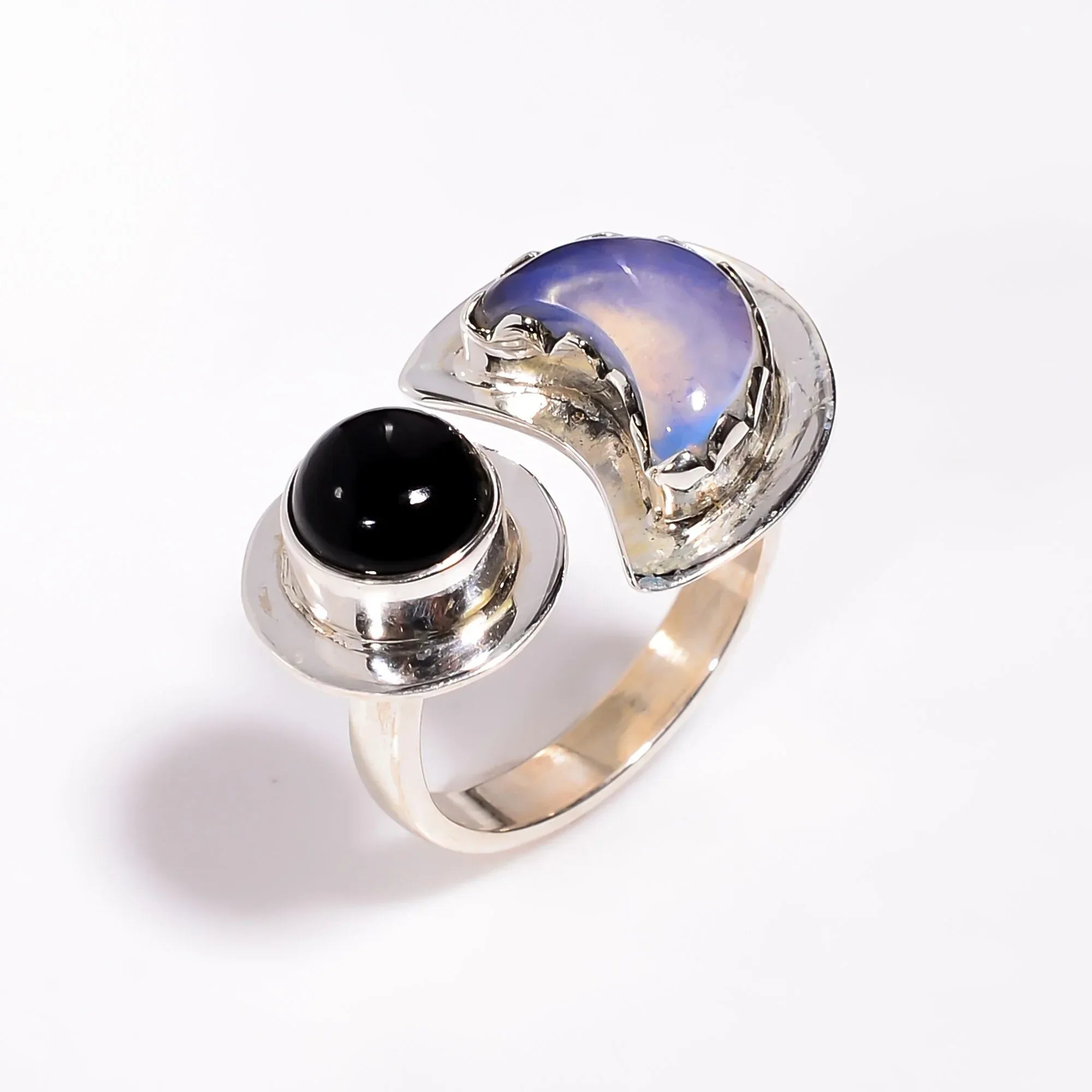Black Onyx & Opalite 925 Sterling Silver Statement Ring