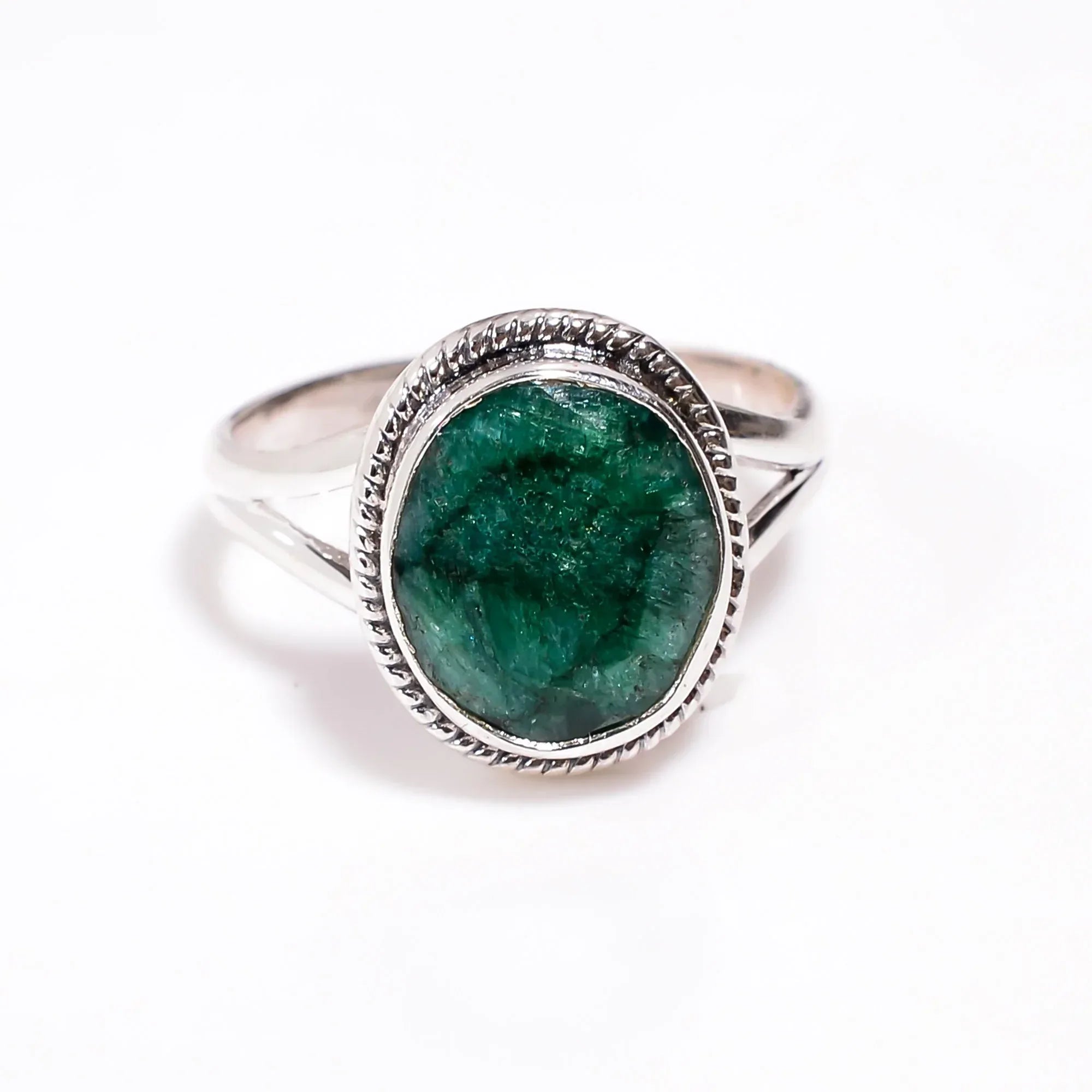 925 Silver Ring: Handmade Green Corundum Emerald Gemstone