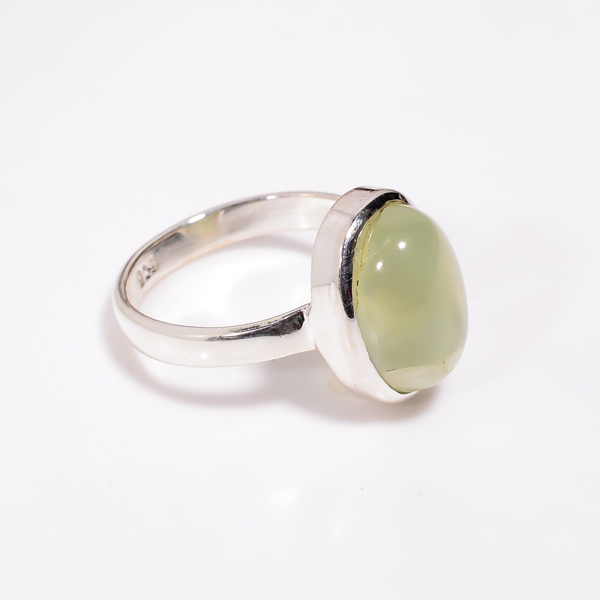 Prehnite Stone Ring: Oval Cabochon, 925 Sterling Silver