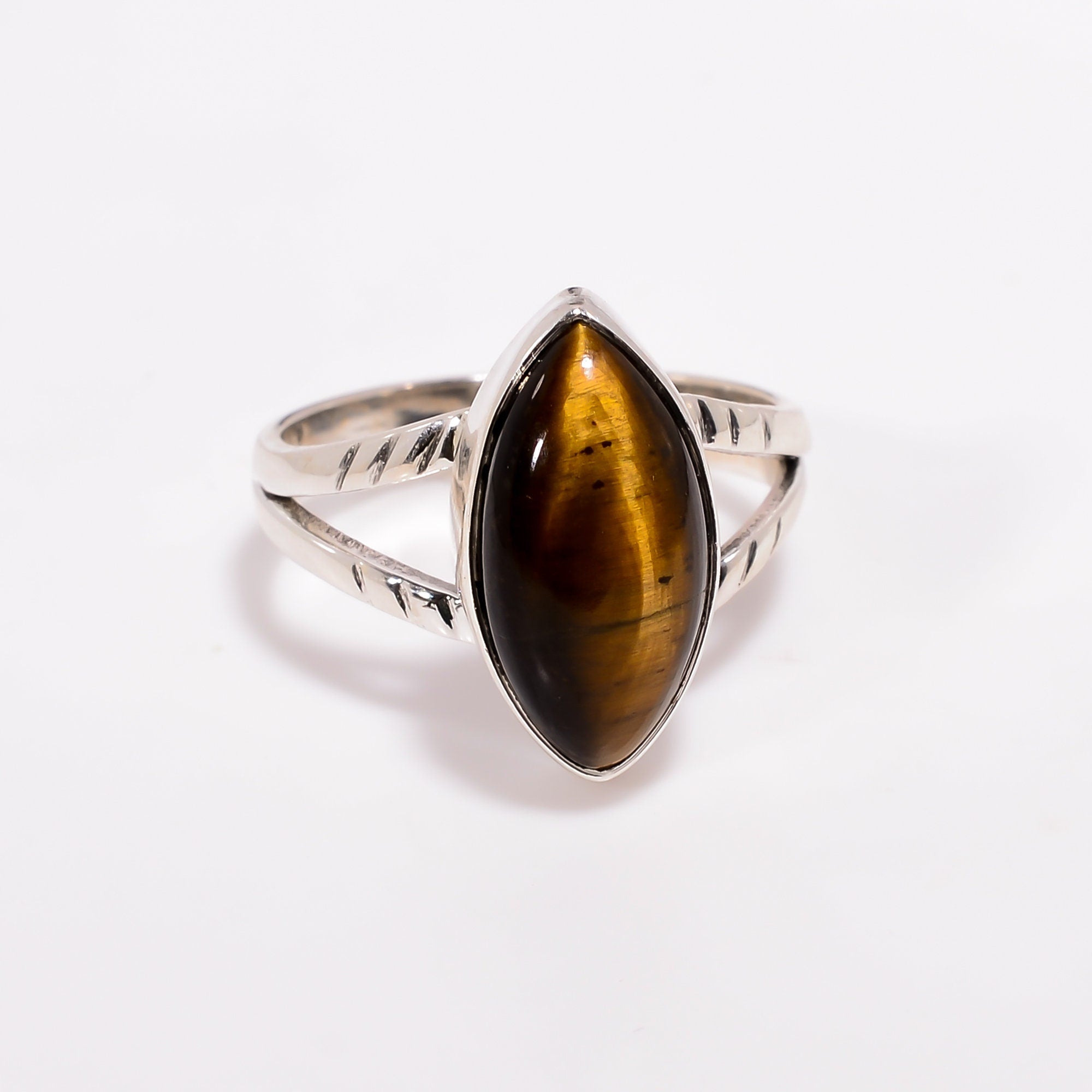 Tiger Eye Ring: Marquise Cabochon 925 Sterling Silver, Handmade