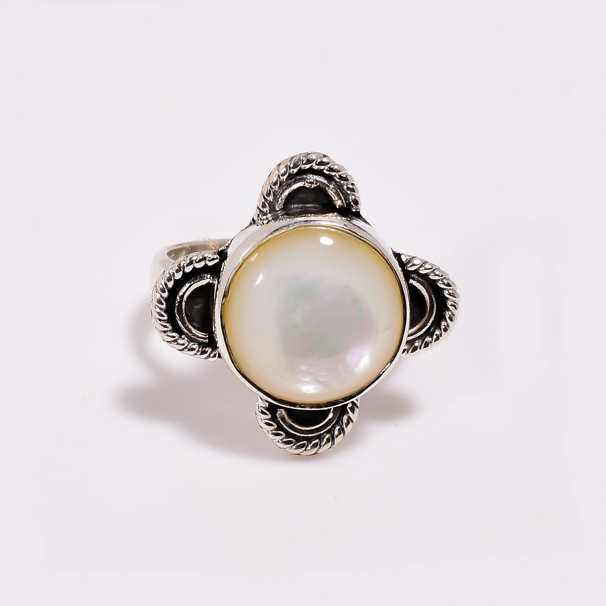 Natural Pearl Sterling Silver Ring: Round Cabochon, Handmade Jewelry