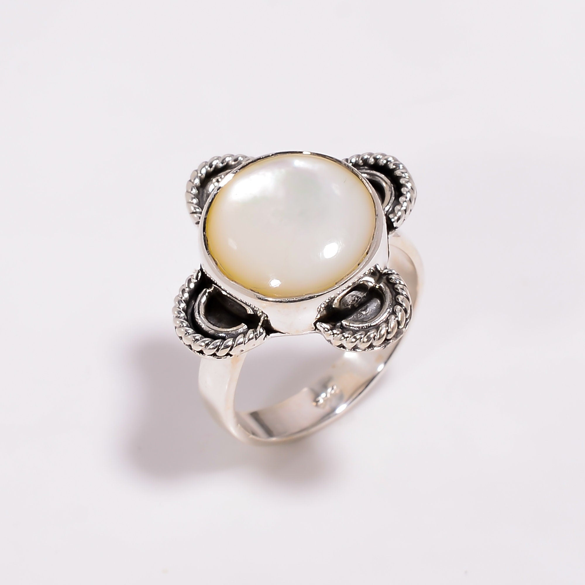 Natural Pearl Sterling Silver Ring: Round Cabochon, Handmade Jewelry