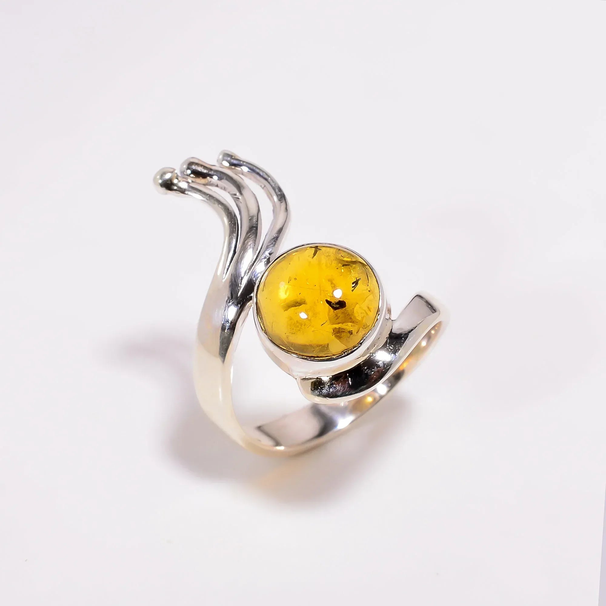 Baltic Amber Cabochon Ring: 925 Sterling Silver, Bohemian Jewelry