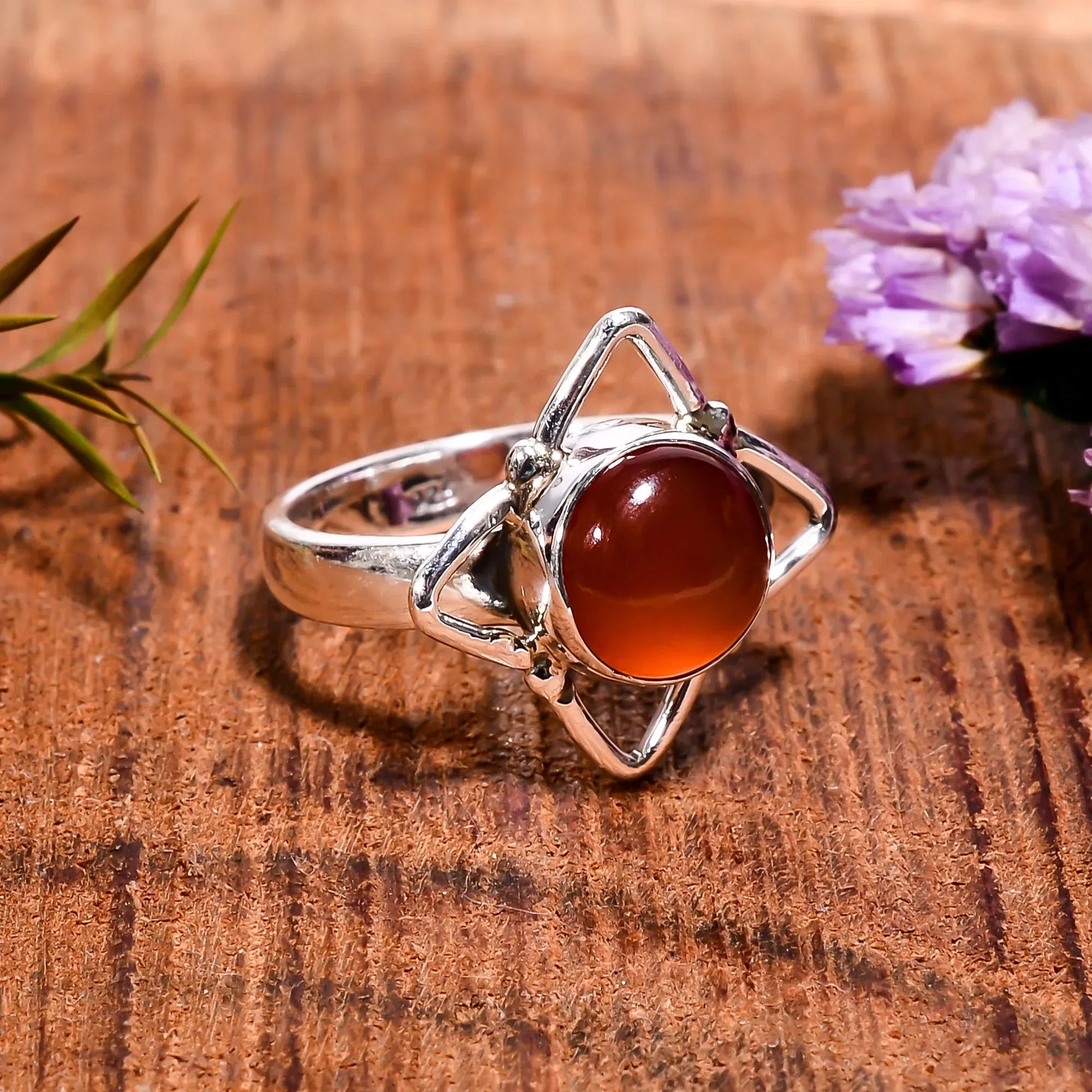 925 Sterling Silver Carnelian Ring: Minimalist Stacking Jewelry