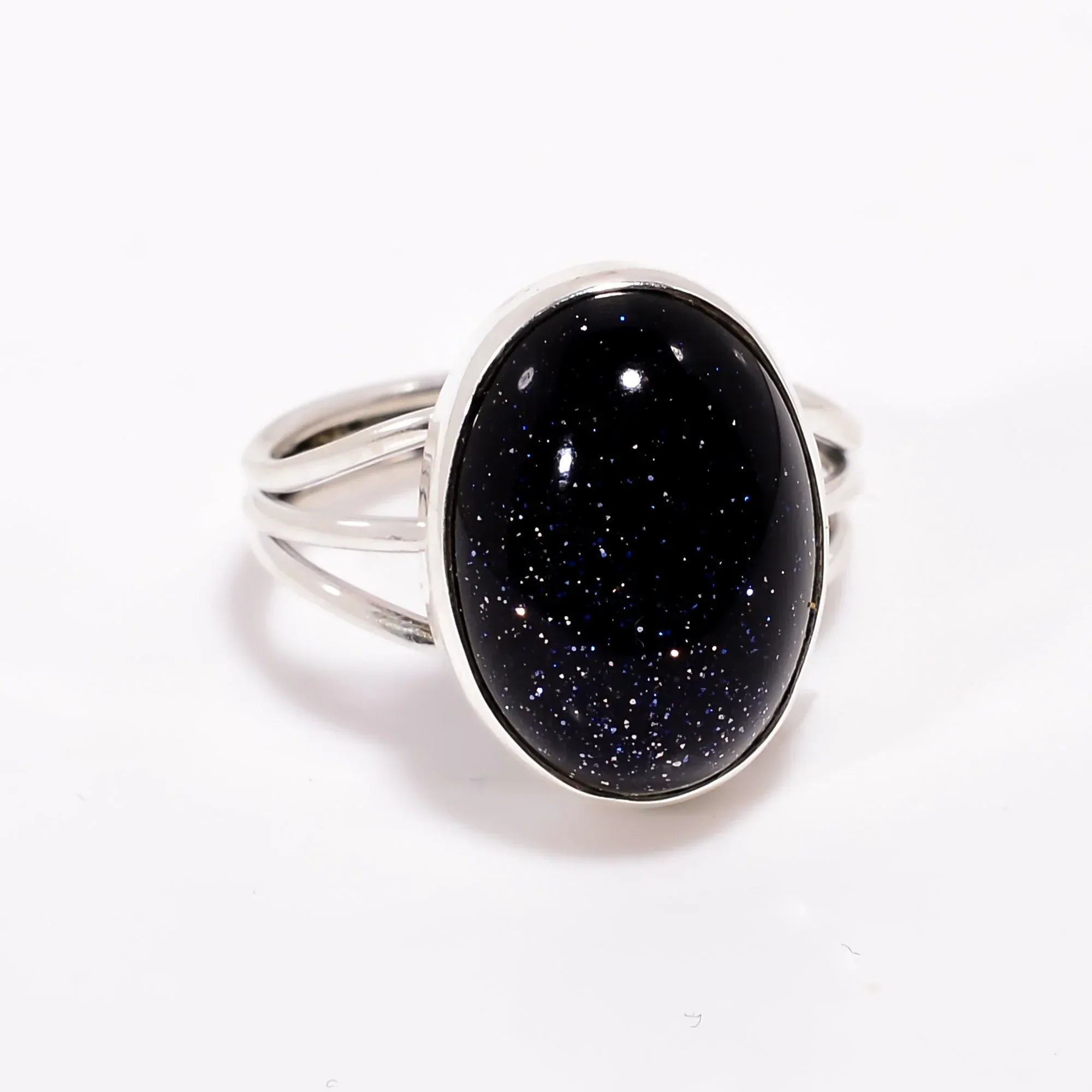 Blue Sunstone Ring: Oval Cabochon, 925 Sterling Silver