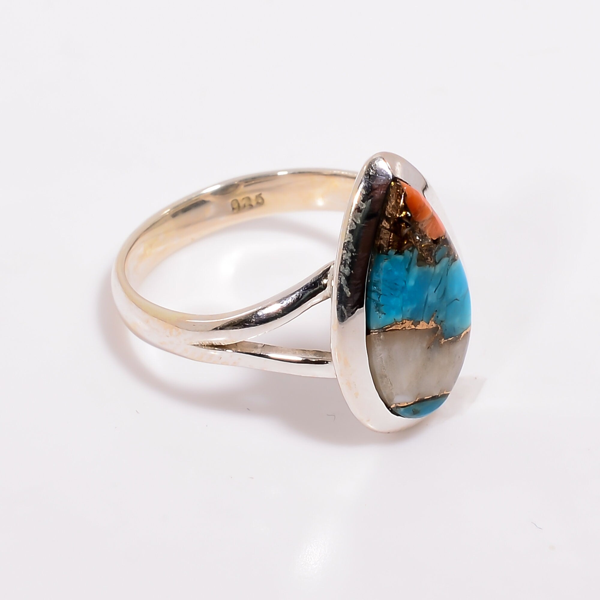 Sterling Silver Oyster Copper Turquoise Ring: Pear Cabochon Gemstone