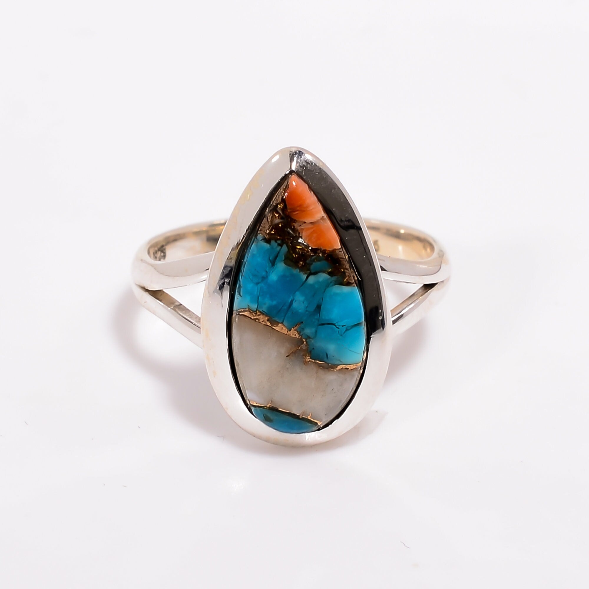 Sterling Silver Oyster Copper Turquoise Ring: Pear Cabochon Gemstone
