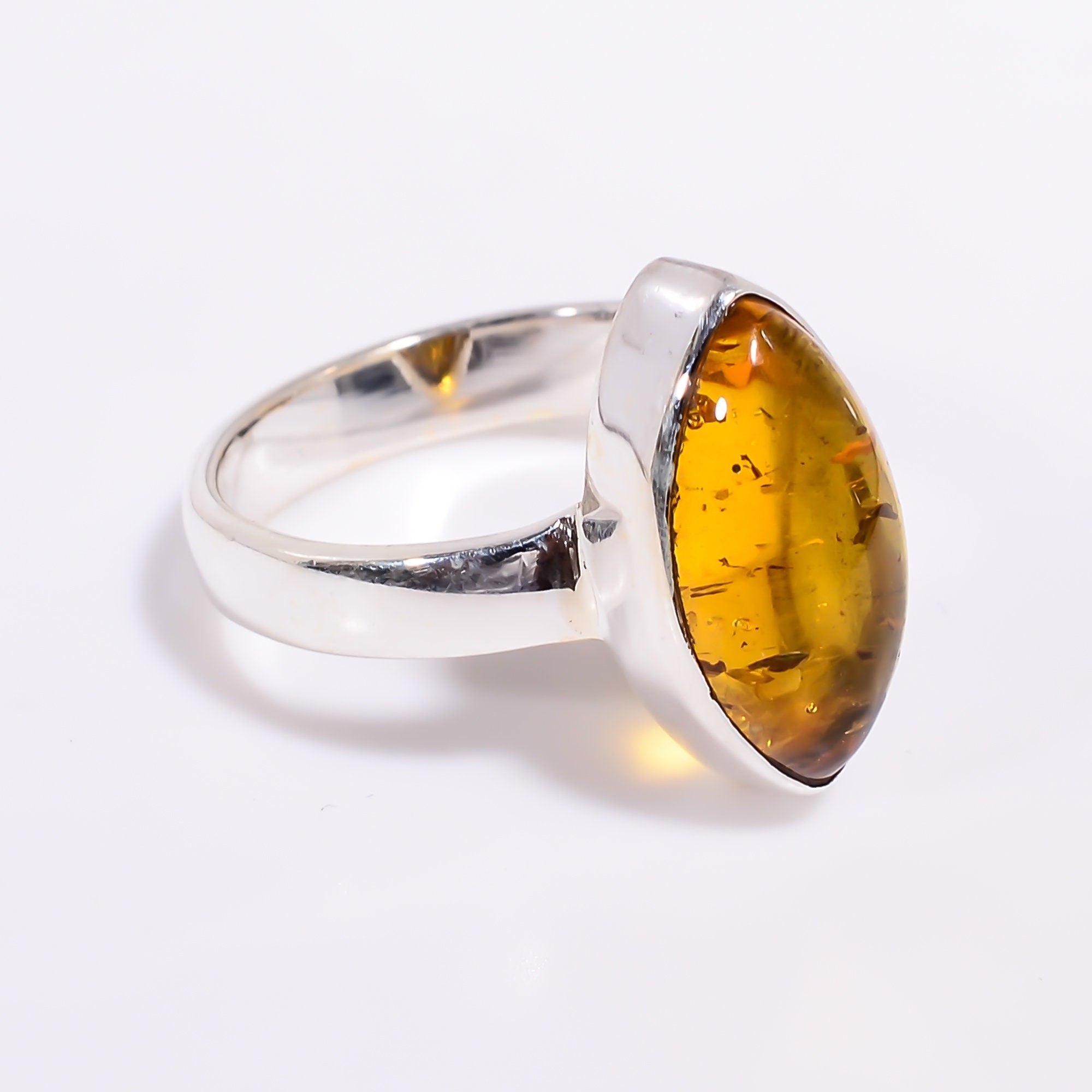Natural Honey Baltic Amber Ring: 925 Sterling Silver Marquise Gemstone