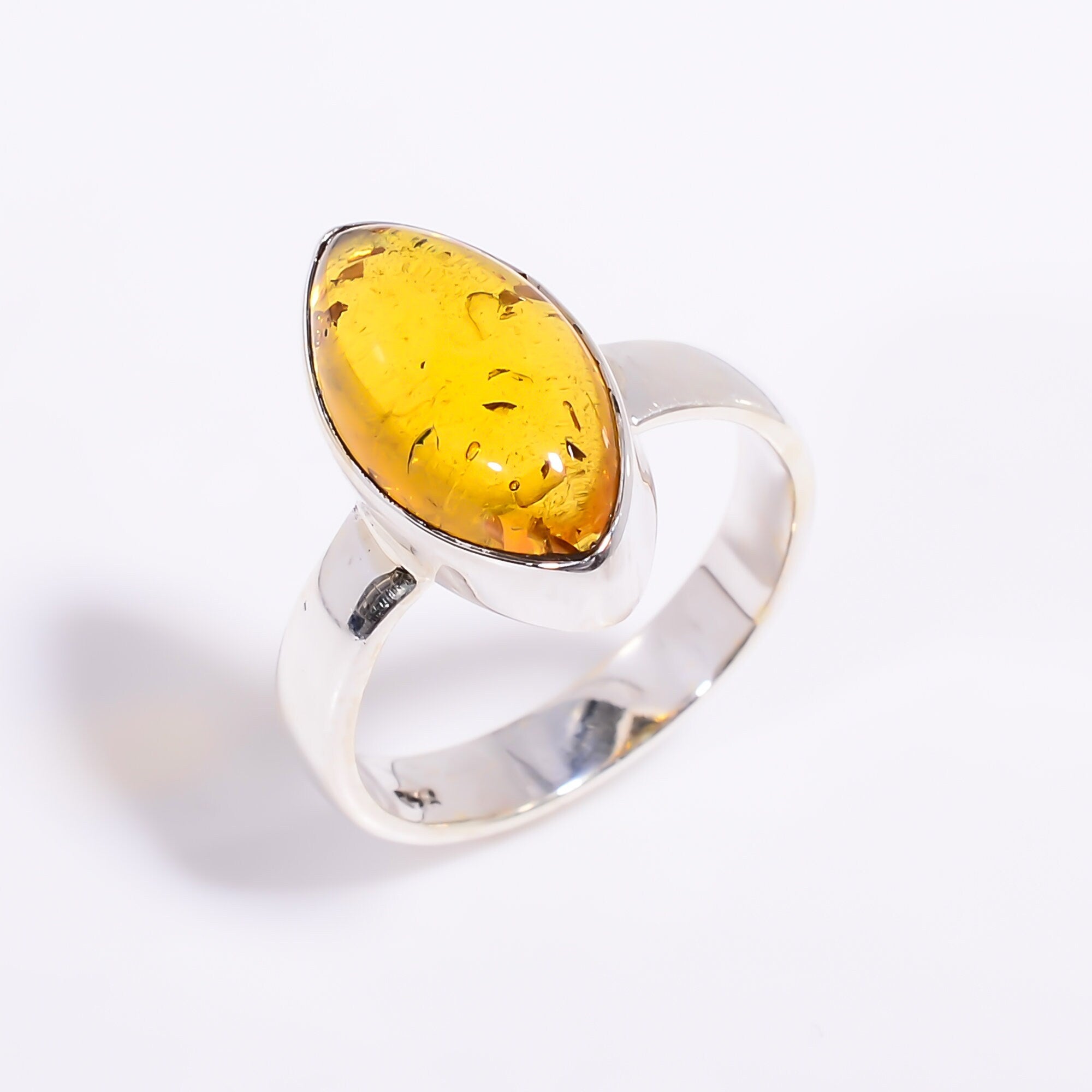 Natural Honey Baltic Amber Ring: 925 Sterling Silver Marquise Gemstone