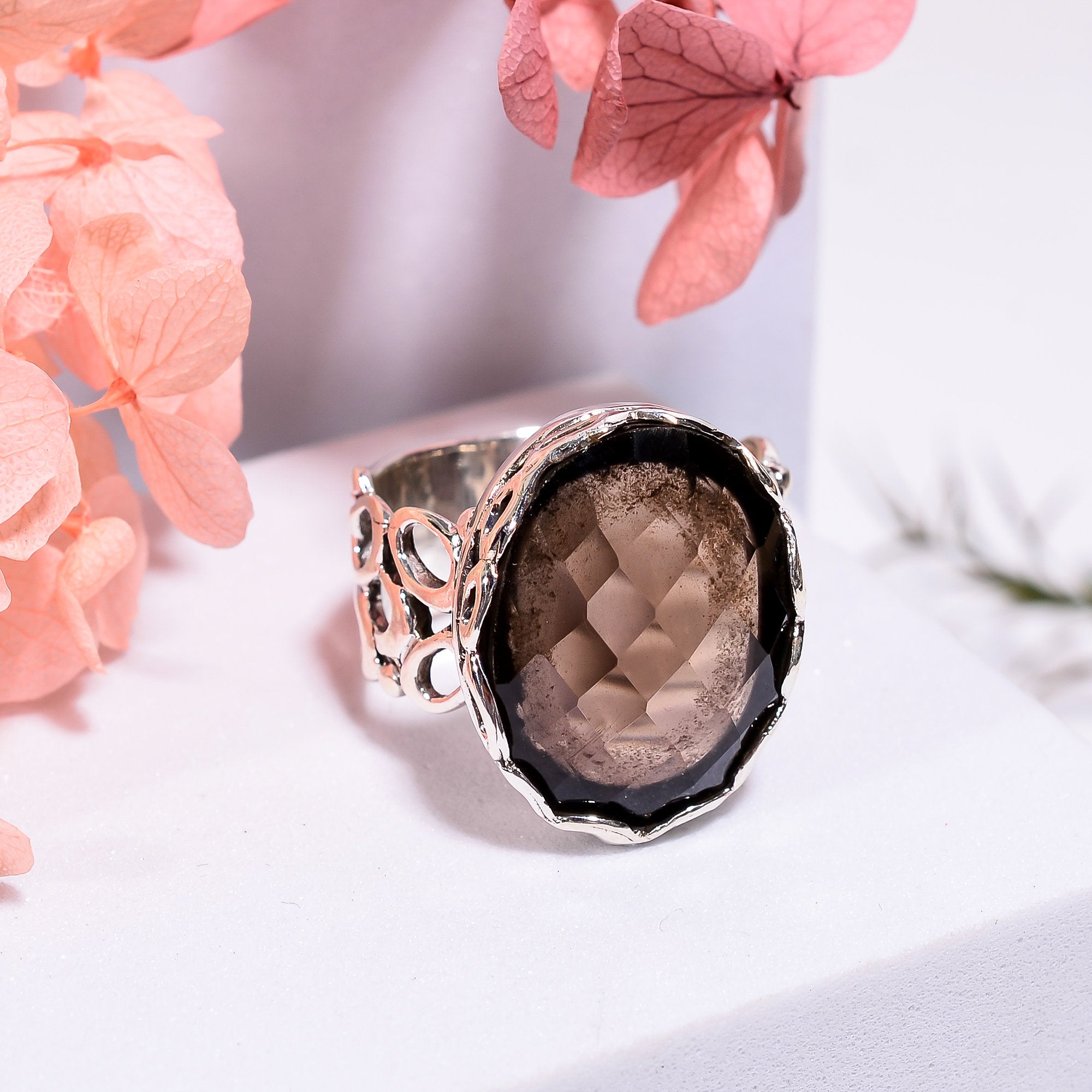Oval Smoky Quartz Ring: 925 Sterling Silver Bezel Setting