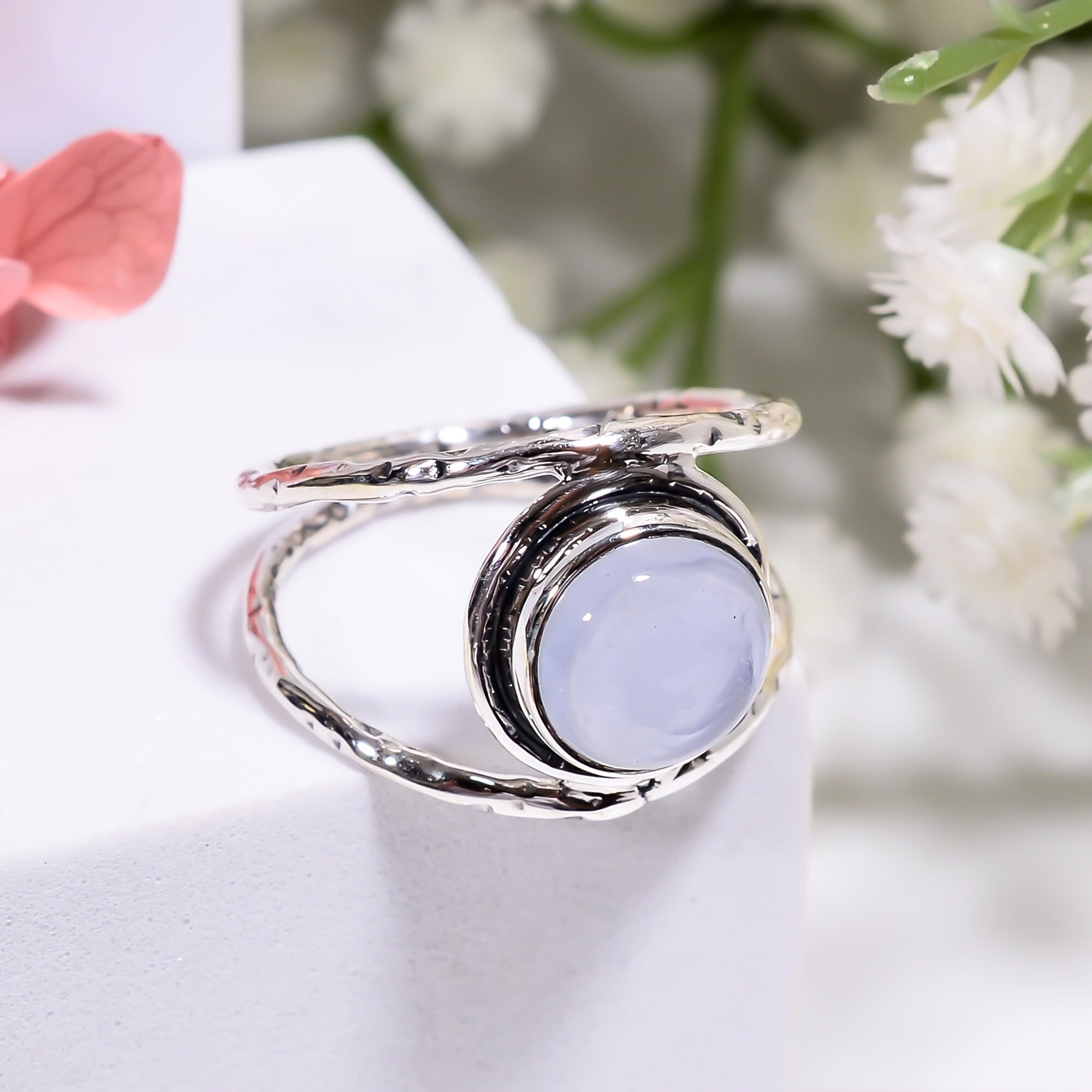 Natural Blue Chalcedony Ring: Round Sterling Silver Gemstone