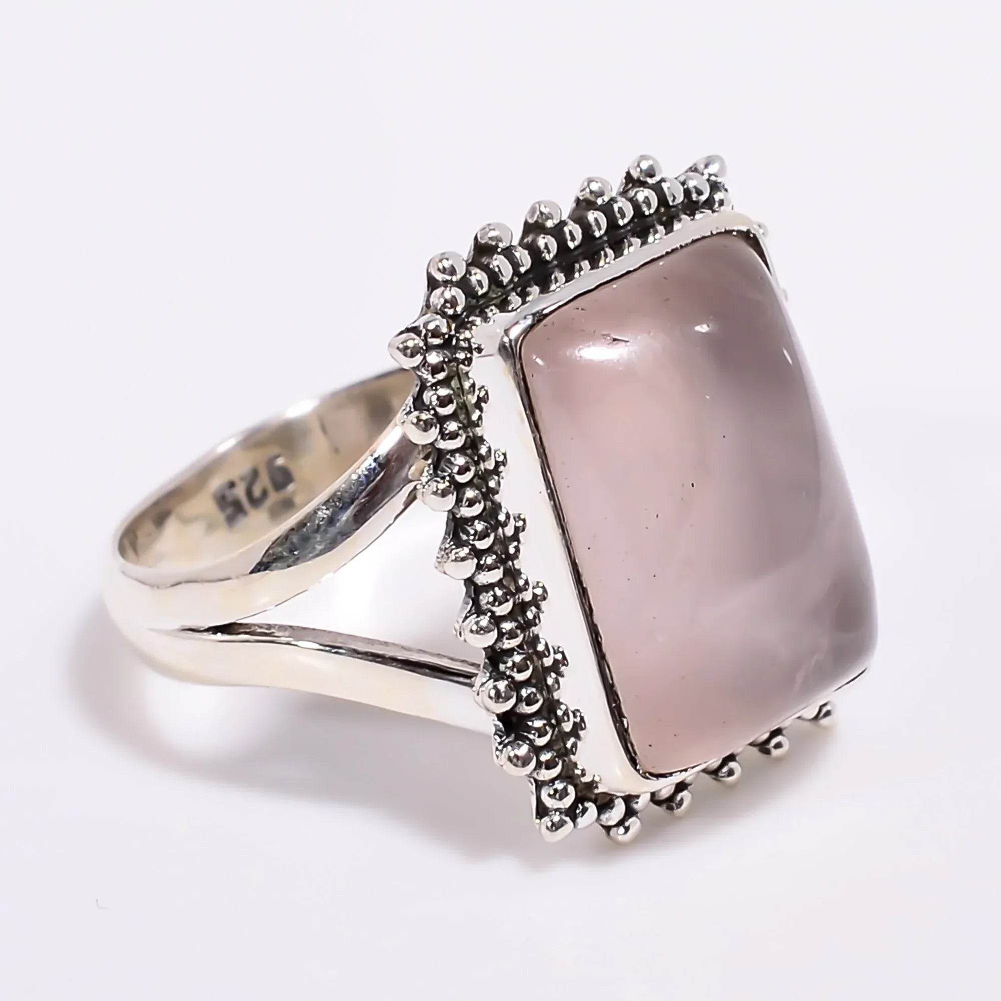 Cabochon Rose Quartz 925 Sterling Silver Ring: Boho Statement Jewelry