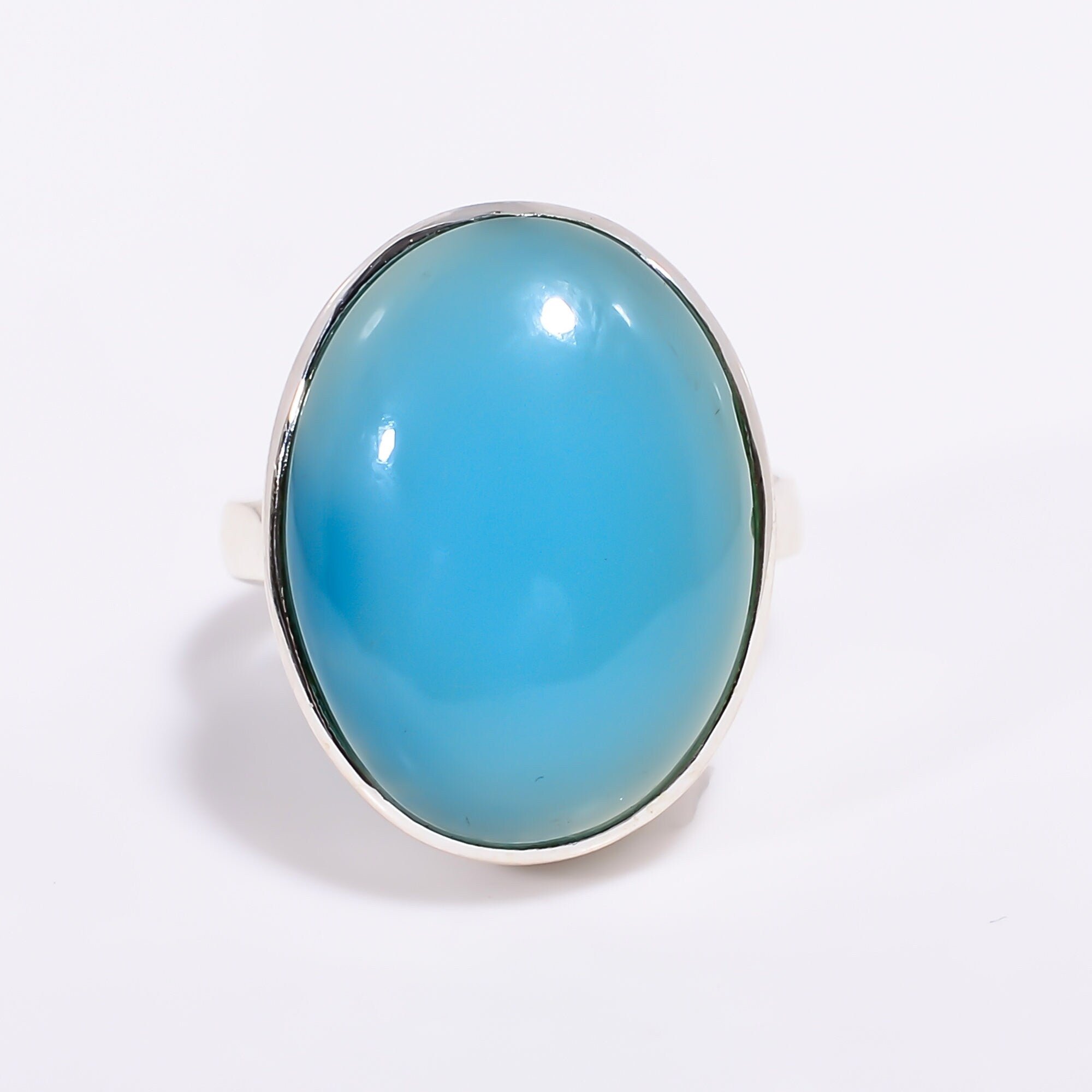Natural Aqua Chalcedony Ring: Oval Cabochon, 925 Sterling Silver