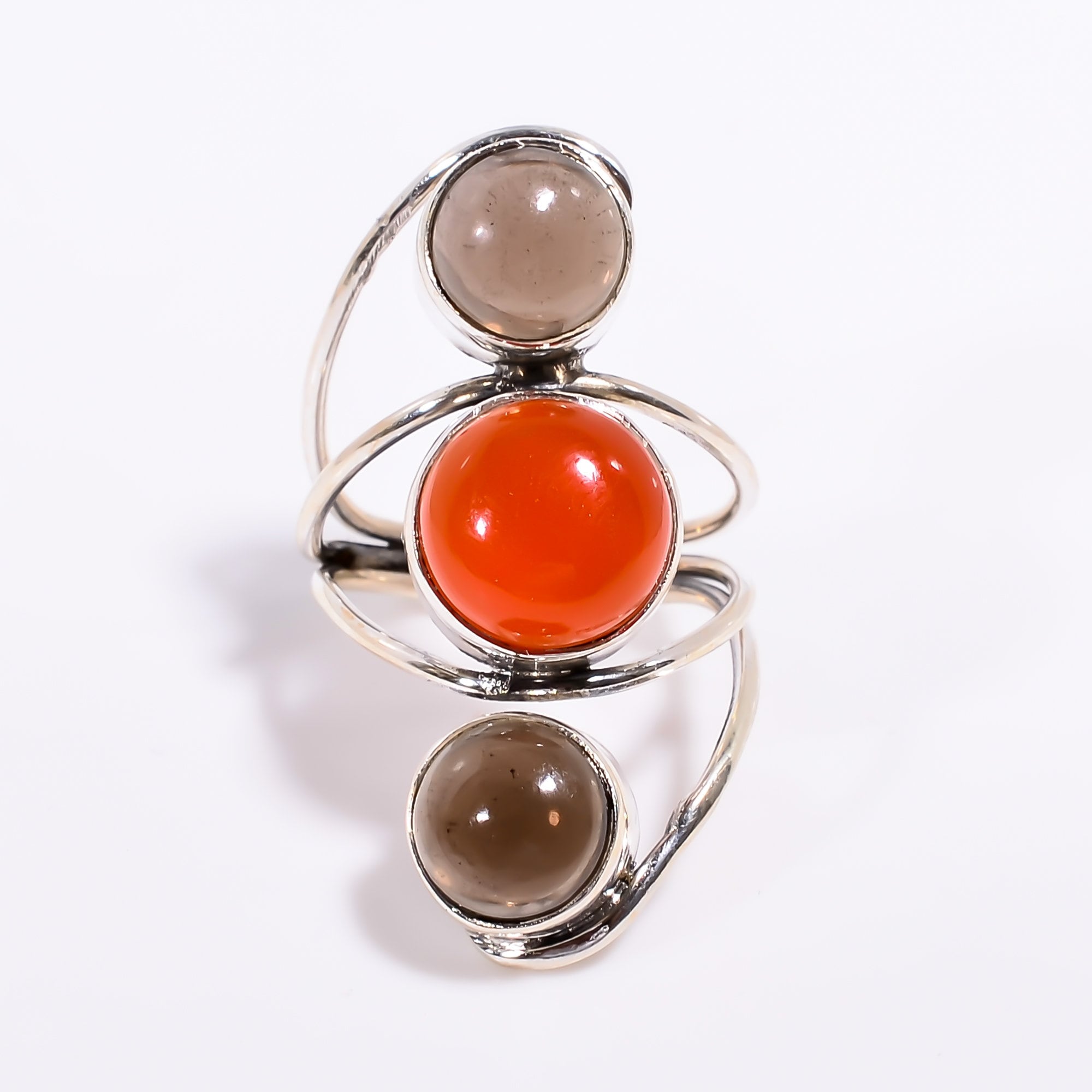Smoky Quartz Carnelian Sterling Silver Ring - Handmade Gemstone Jewelry