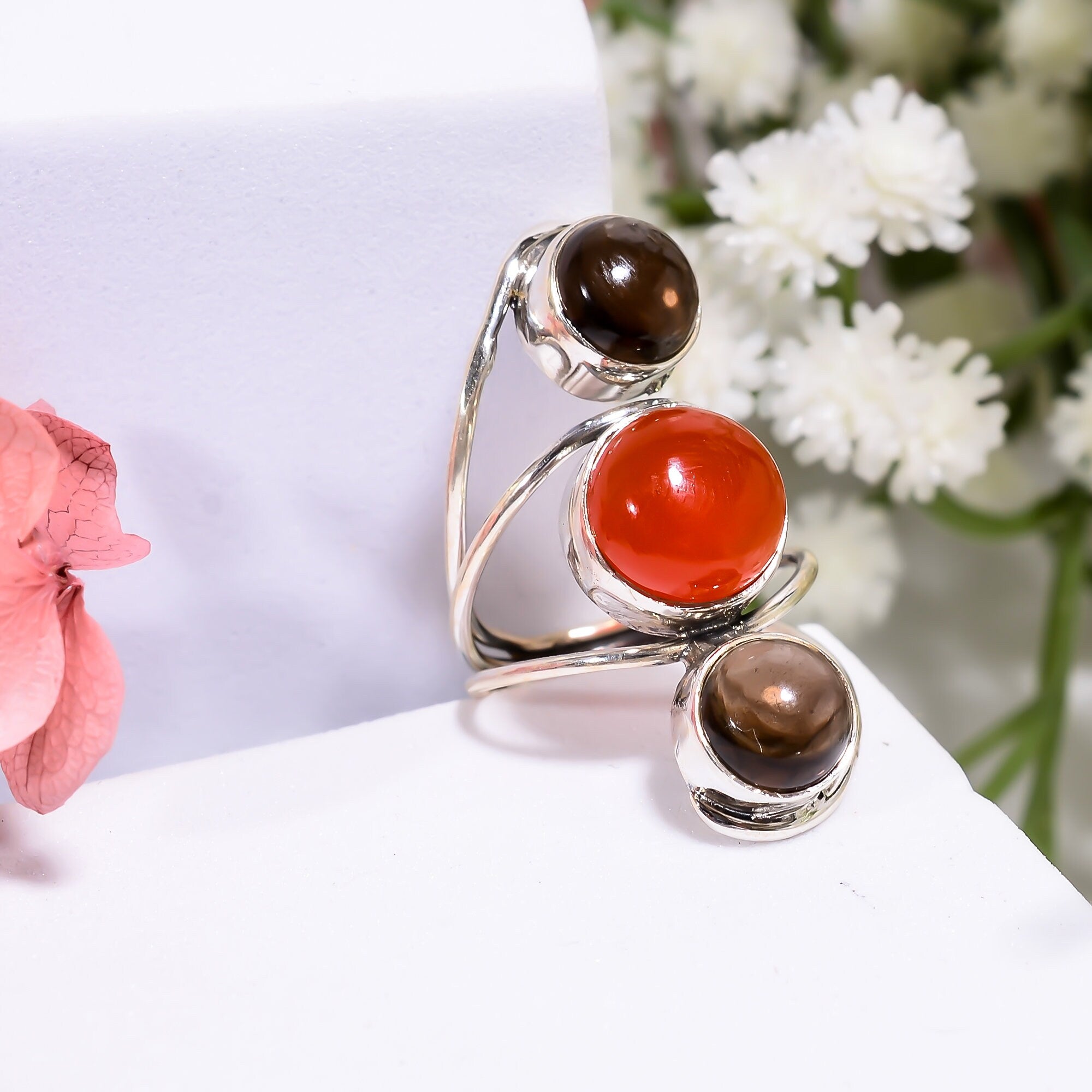 Smoky Quartz Carnelian Sterling Silver Ring - Handmade Gemstone Jewelry