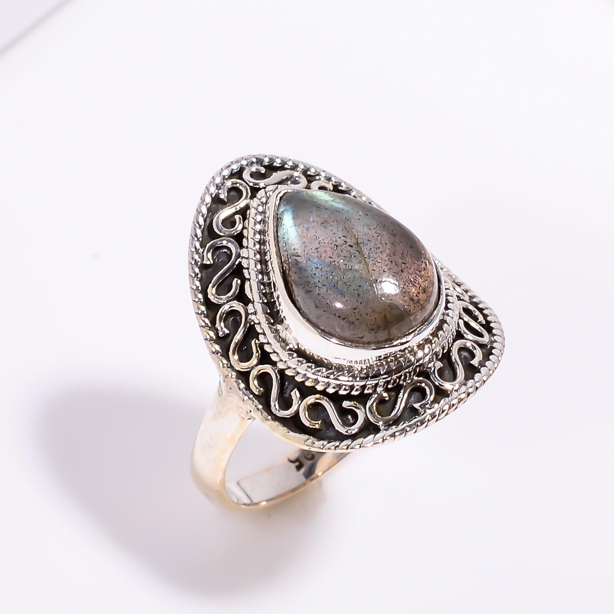 Pear Labradorite Ring: 925 Sterling Silver Handmade Gemstone Jewelry