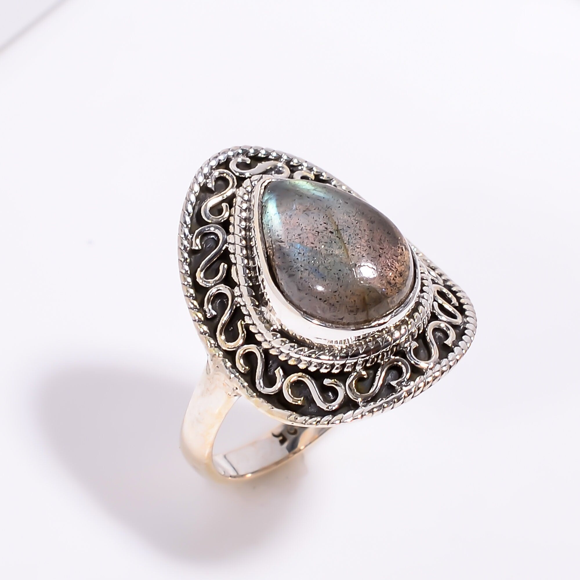 Pear Labradorite Ring: 925 Sterling Silver Handmade Gemstone Jewelry