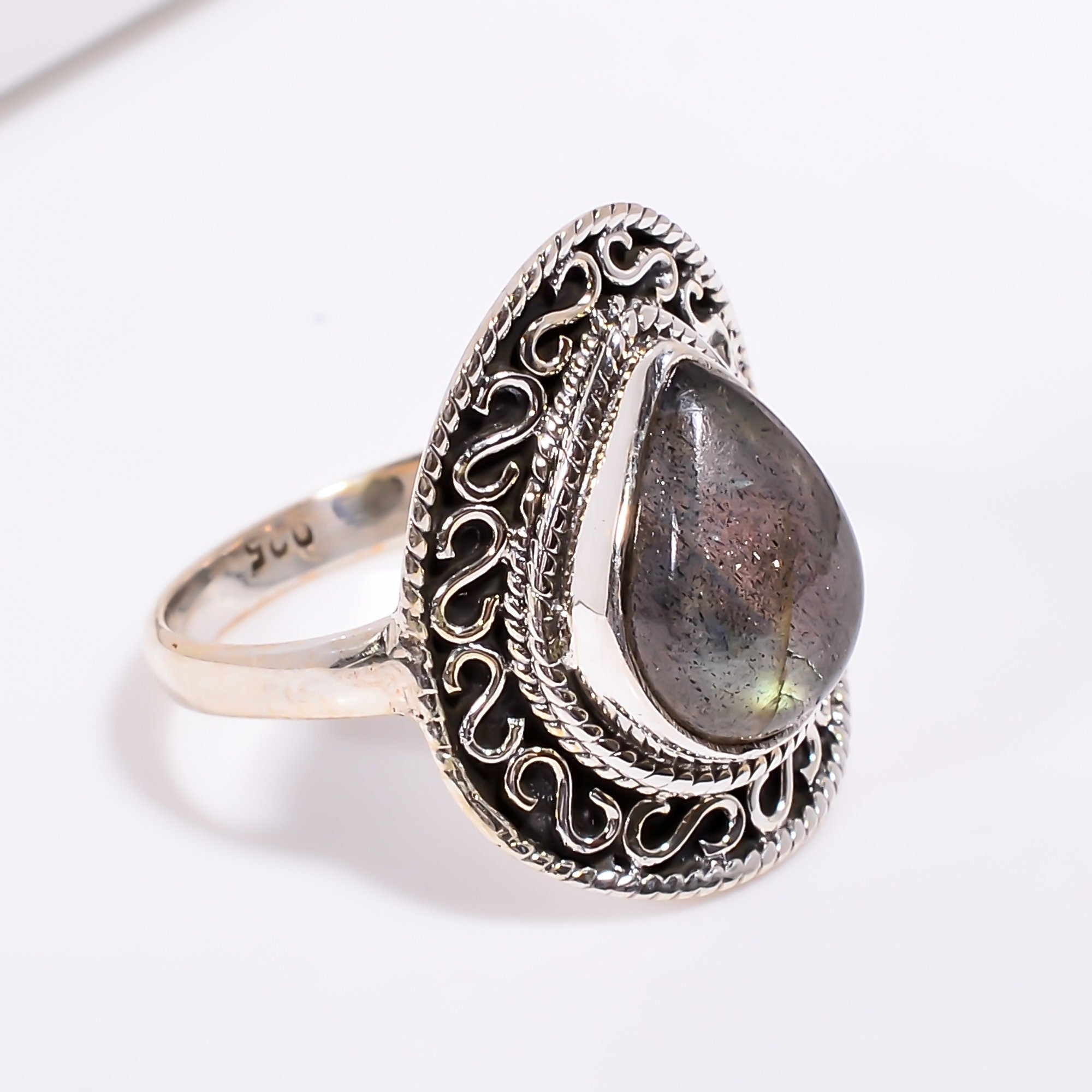 Pear Labradorite Ring: 925 Sterling Silver Handmade Gemstone Jewelry