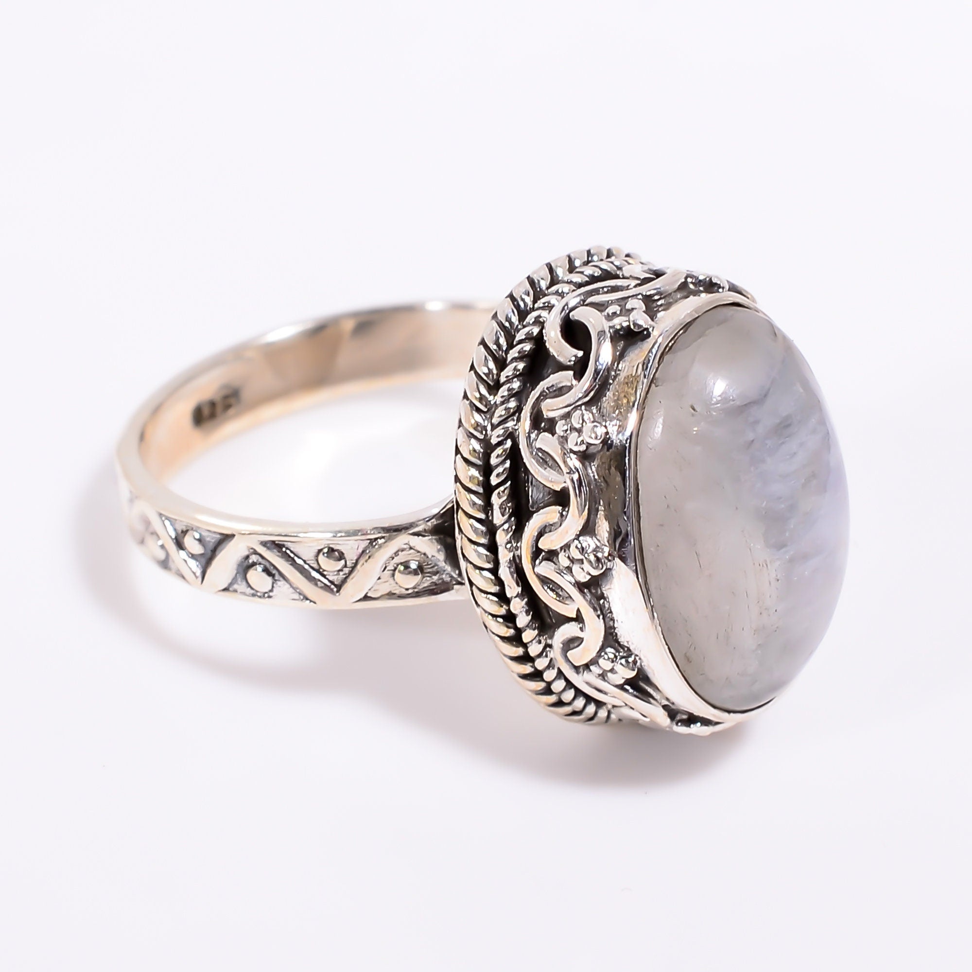 Rainbow Moonstone Ring: Oval Cabochon, 925 Sterling Silver, Handmade