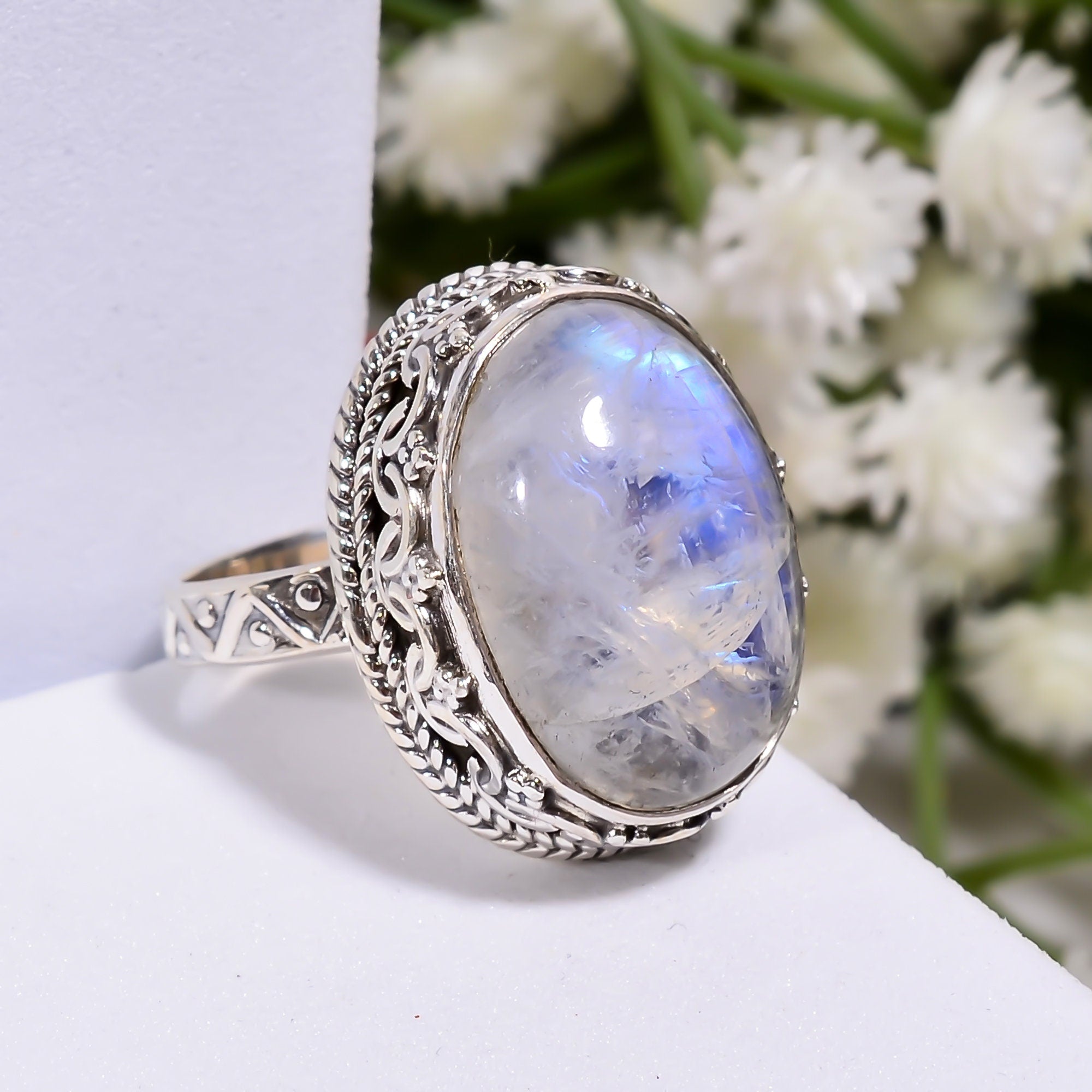 Natural Moonstone Ring: 925 Sterling Silver Boho Jewelry