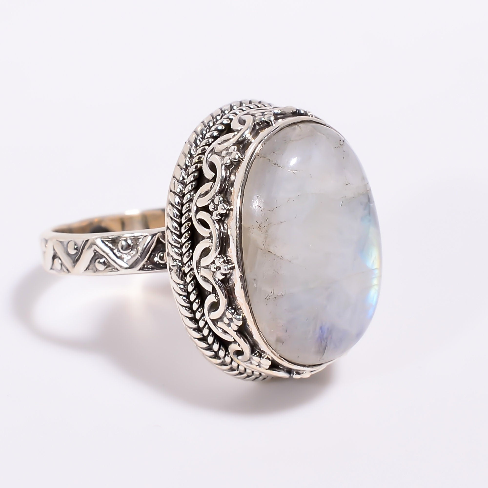 Rainbow Moonstone Ring: Oval Sterling Silver Boho Jewelry