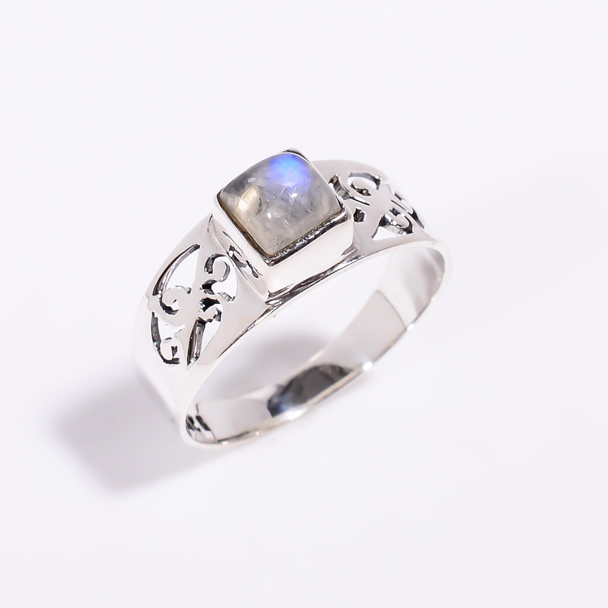 Natural Blue Fire Moonstone Ring: 925 Sterling Silver Boho Jewelry
