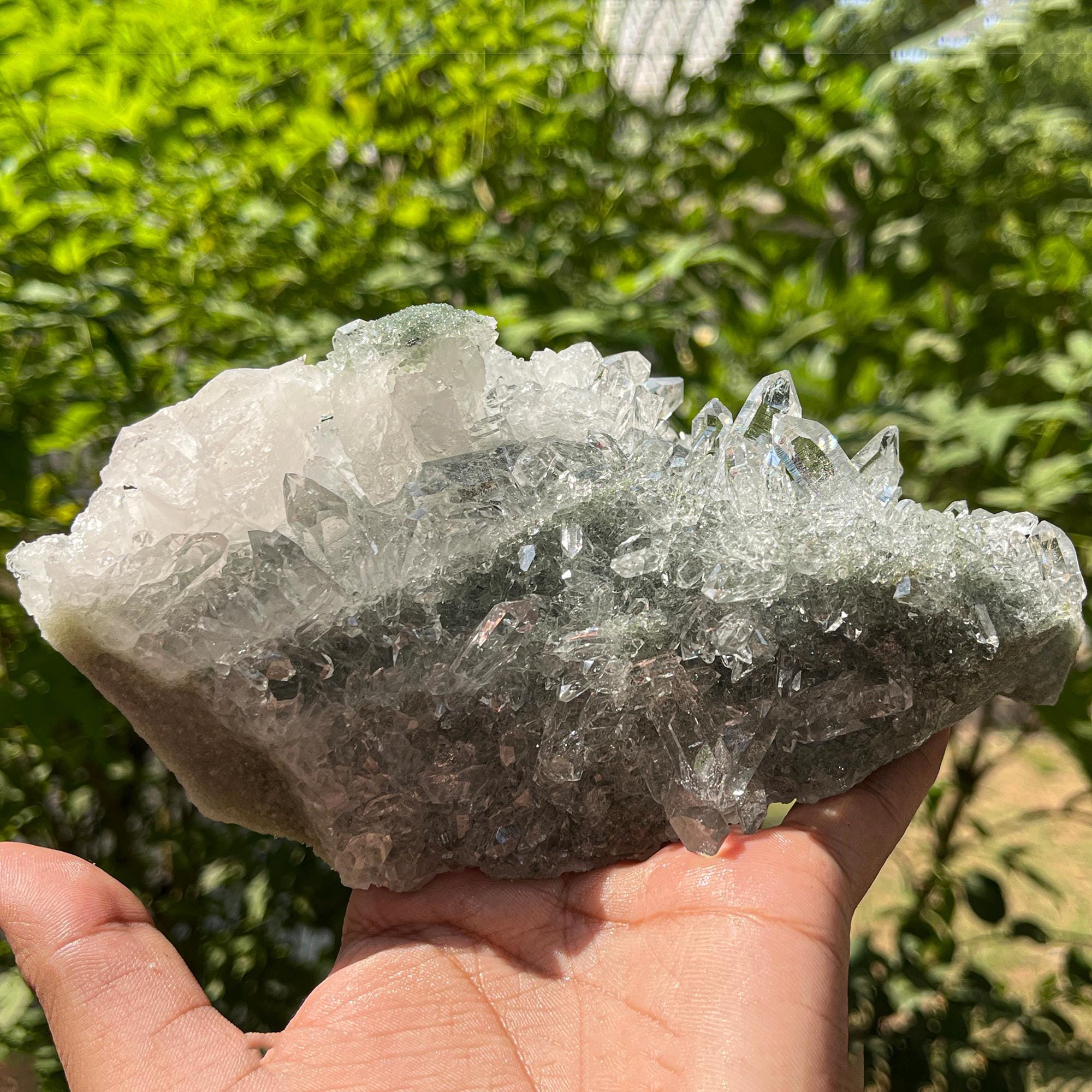 Natural Green Chlorite Quartz Cluster Rough Himalayan Quartz Crystal Specimen from India, Unique Mineral Structure Cluster